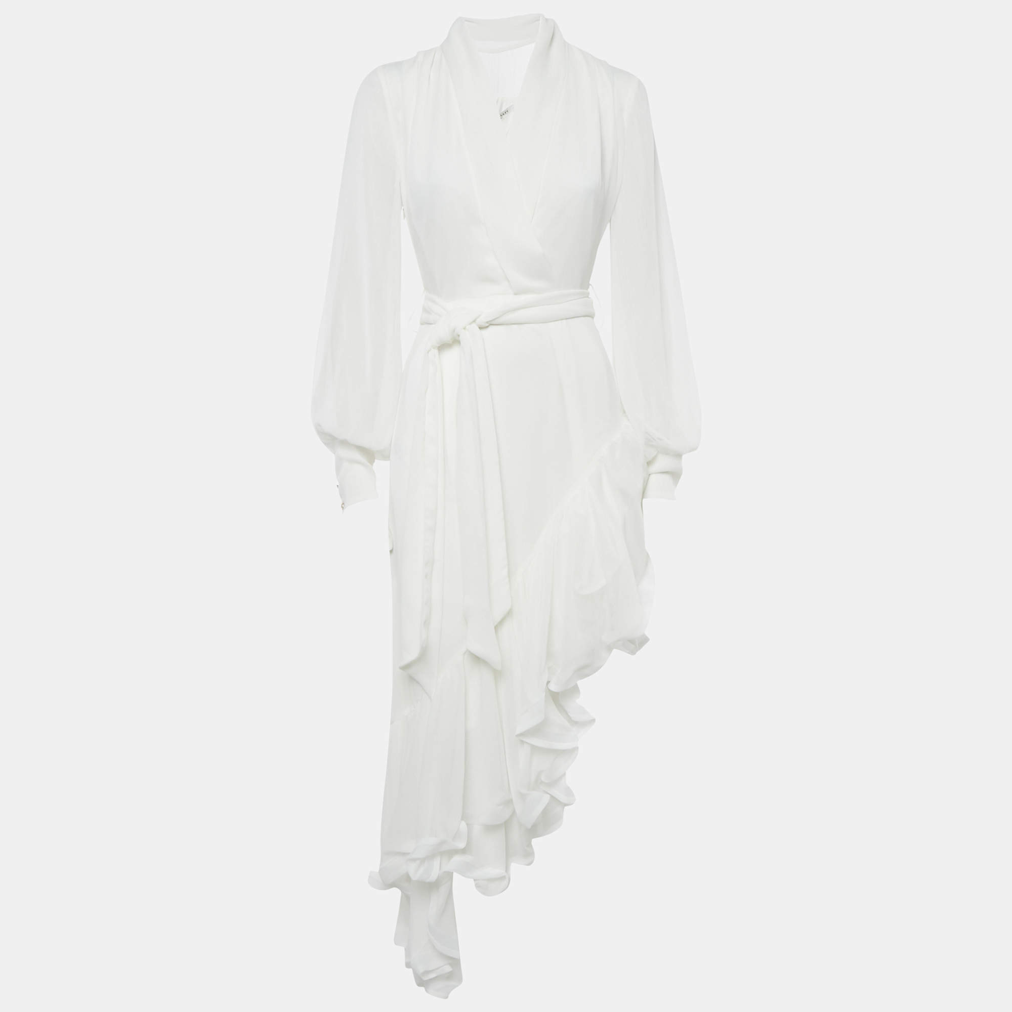 Pre Owned Brunello Cucinelli White Chiffon Ruffled Asymmetric Genevieve Dress XS