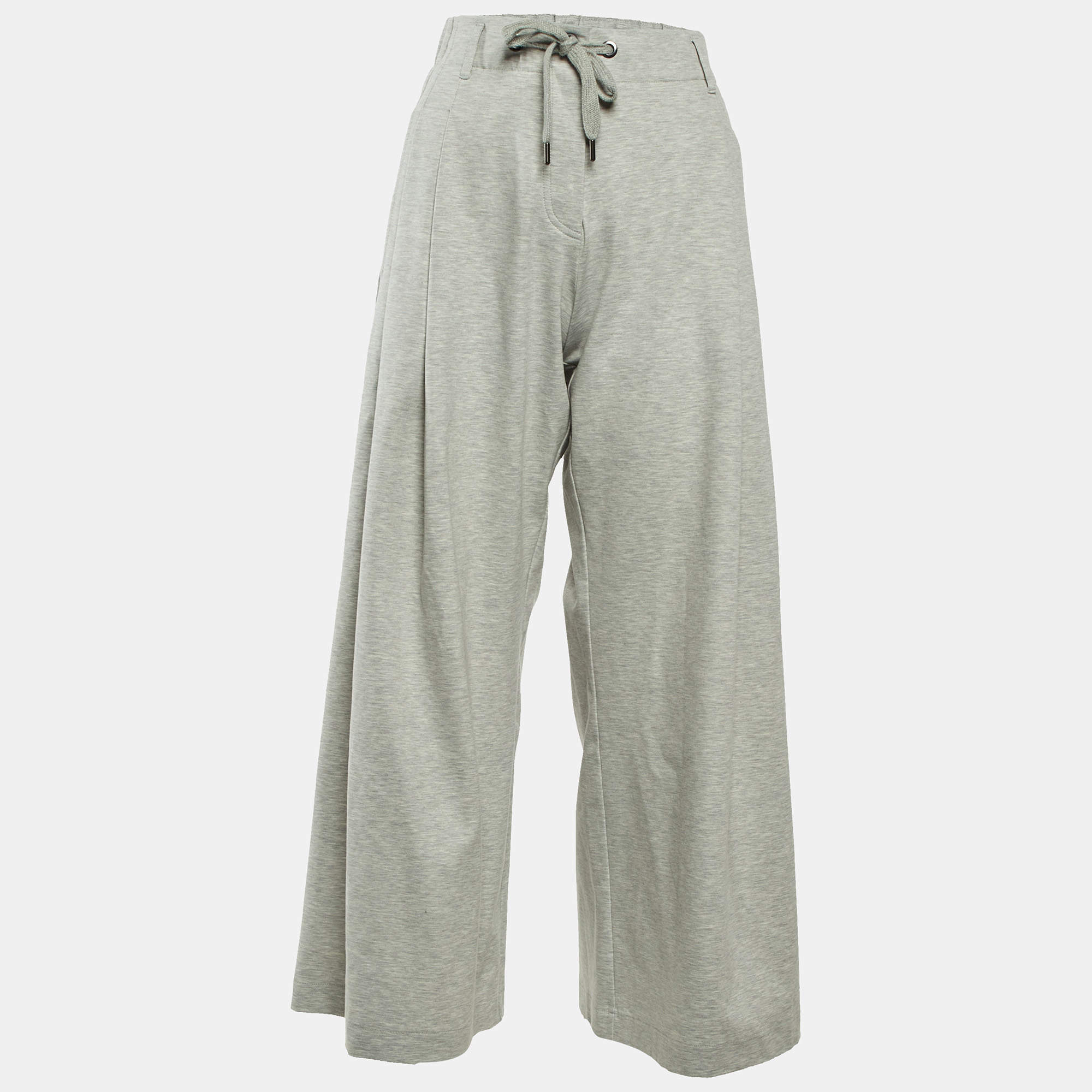 Pre Owned Brunello Cucinelli Grey Jersey Wide Leg Drawstring Pants XS