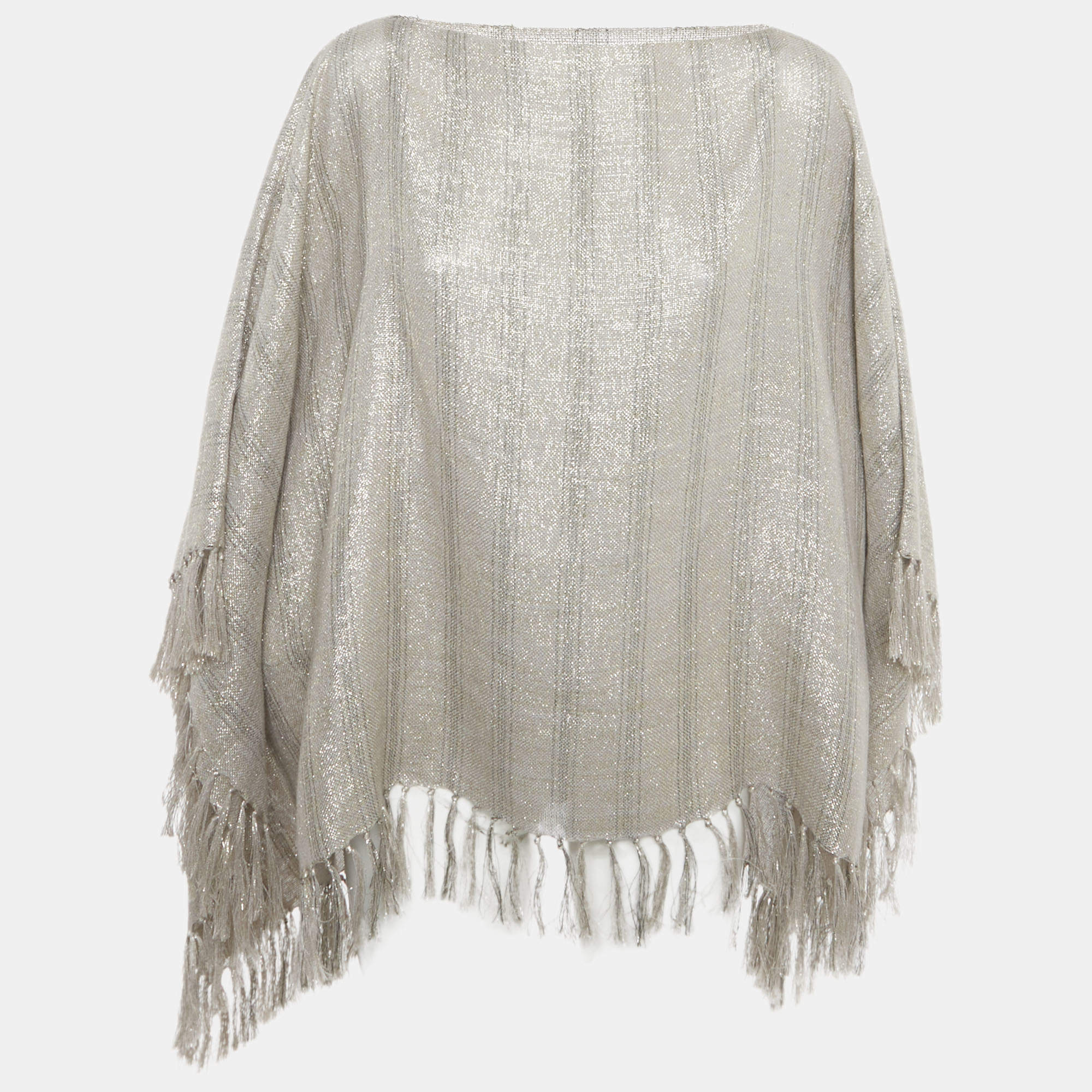 Pre Owned Brunello Cucinelli Beige Lurex and Linen Fringed Poncho One Size