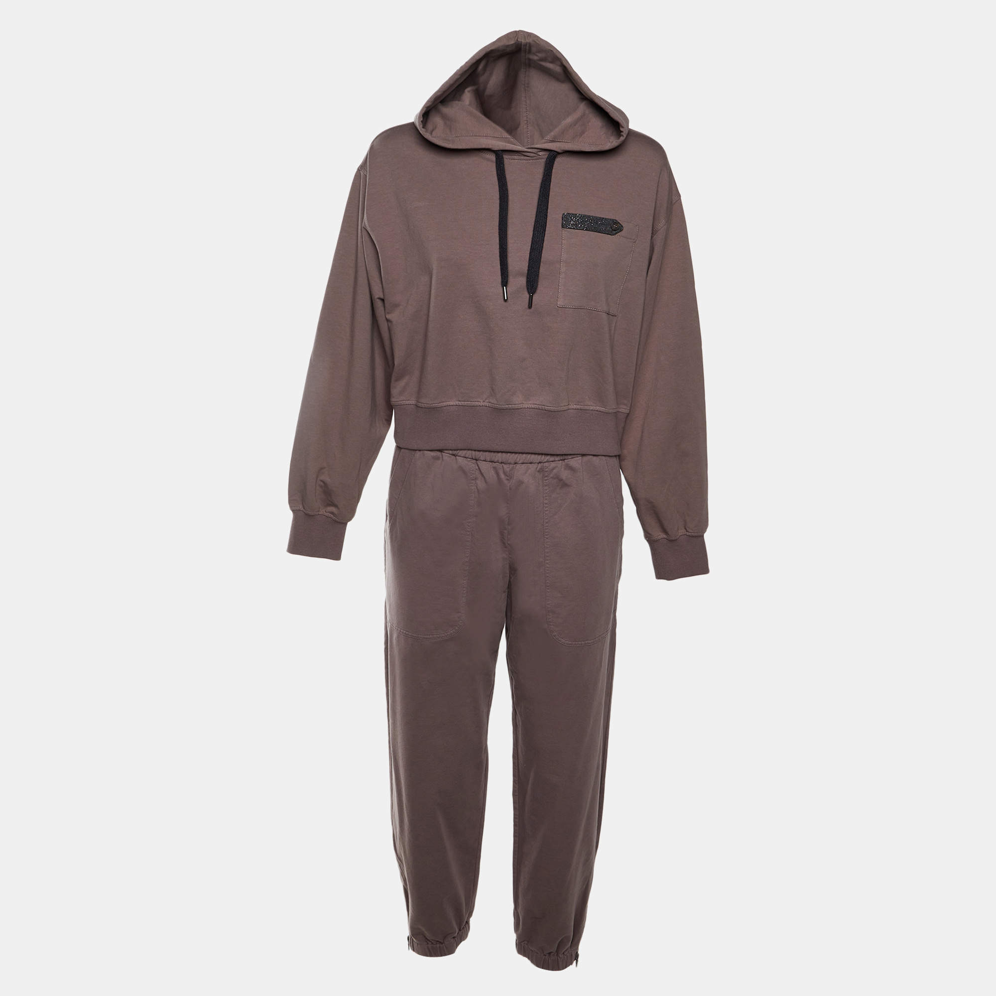 Pre Owned Brunello Cucinelli Mauve Cotton Cropped Sweatshirt & Joggers Set M