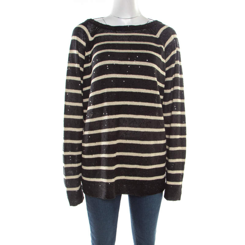 Pre Owned Brunello Cucinelli Black Linen Silk Sequin Embellished Striped Sweater XXL