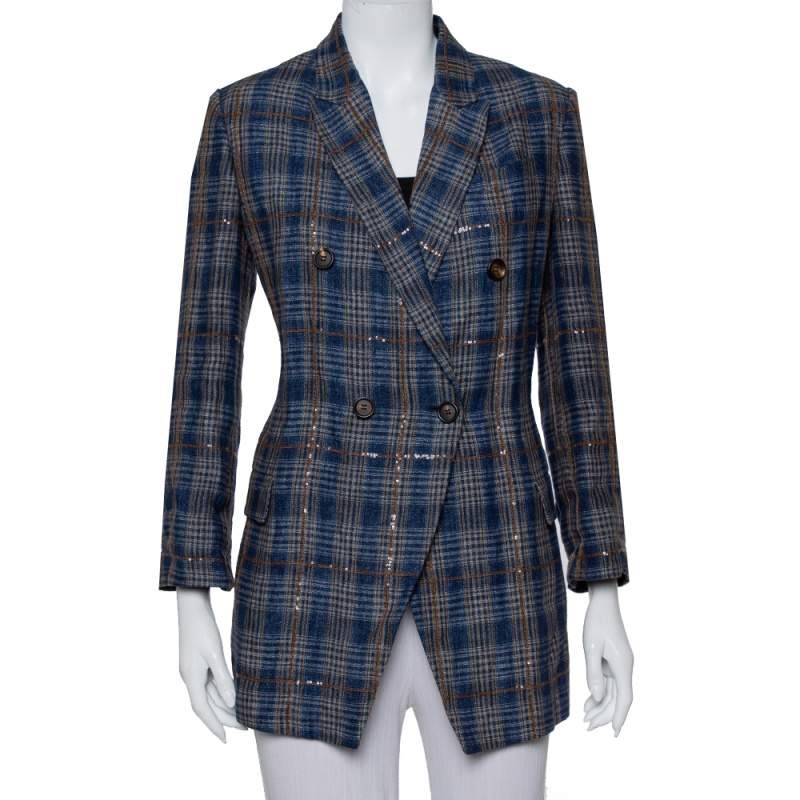 Pre Owned Brunello Cucinelli Navy Blue Plaided Linen Sequin Embellished Double Breasted Blazer M