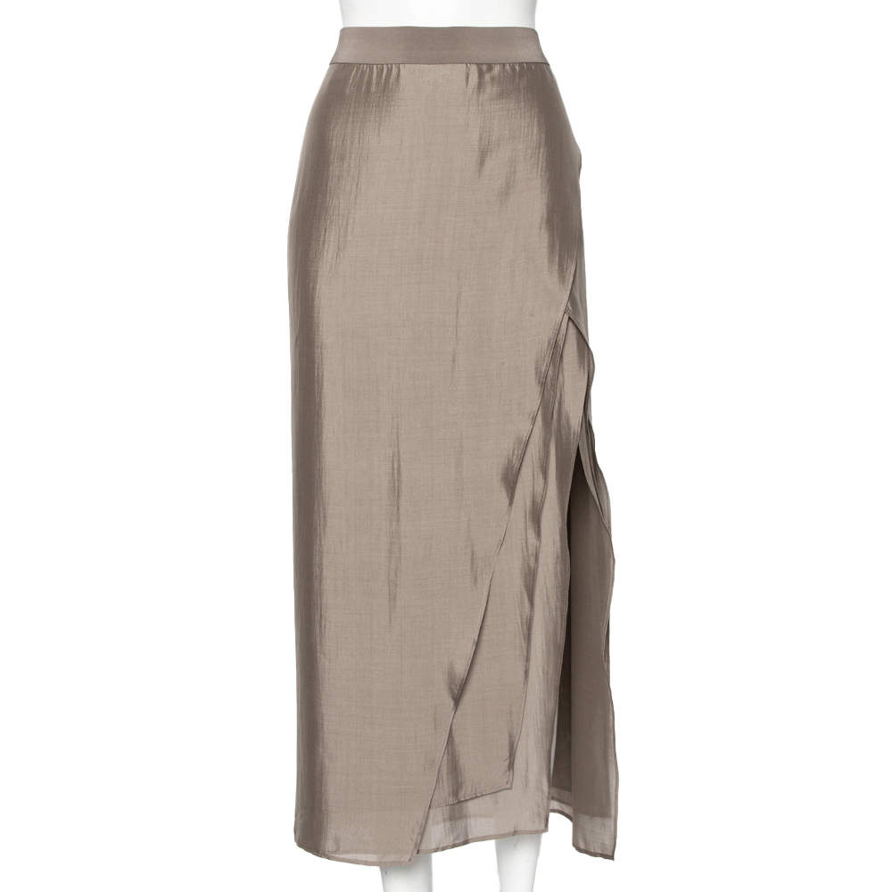 Pre Owned Brunello Cucinelli Beige Silk Layered Midi Skirt M