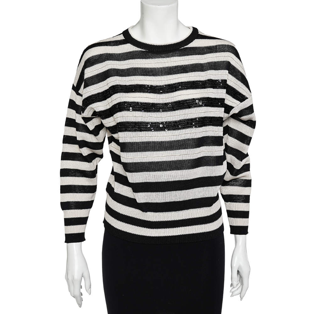 Pre Owned Brunello Cucinelli Monochrome Striped Cotton Knit Sequined Detail Sweater M
