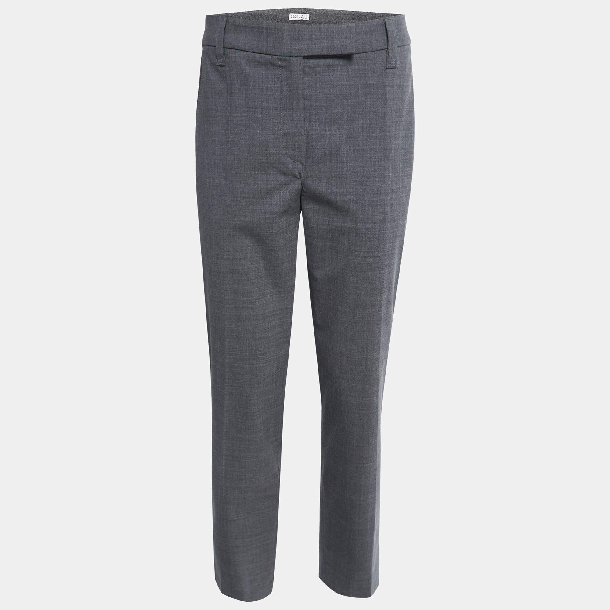 Brunello Cucinelli Grey Wool Monili Trim Slim Fit Trousers M