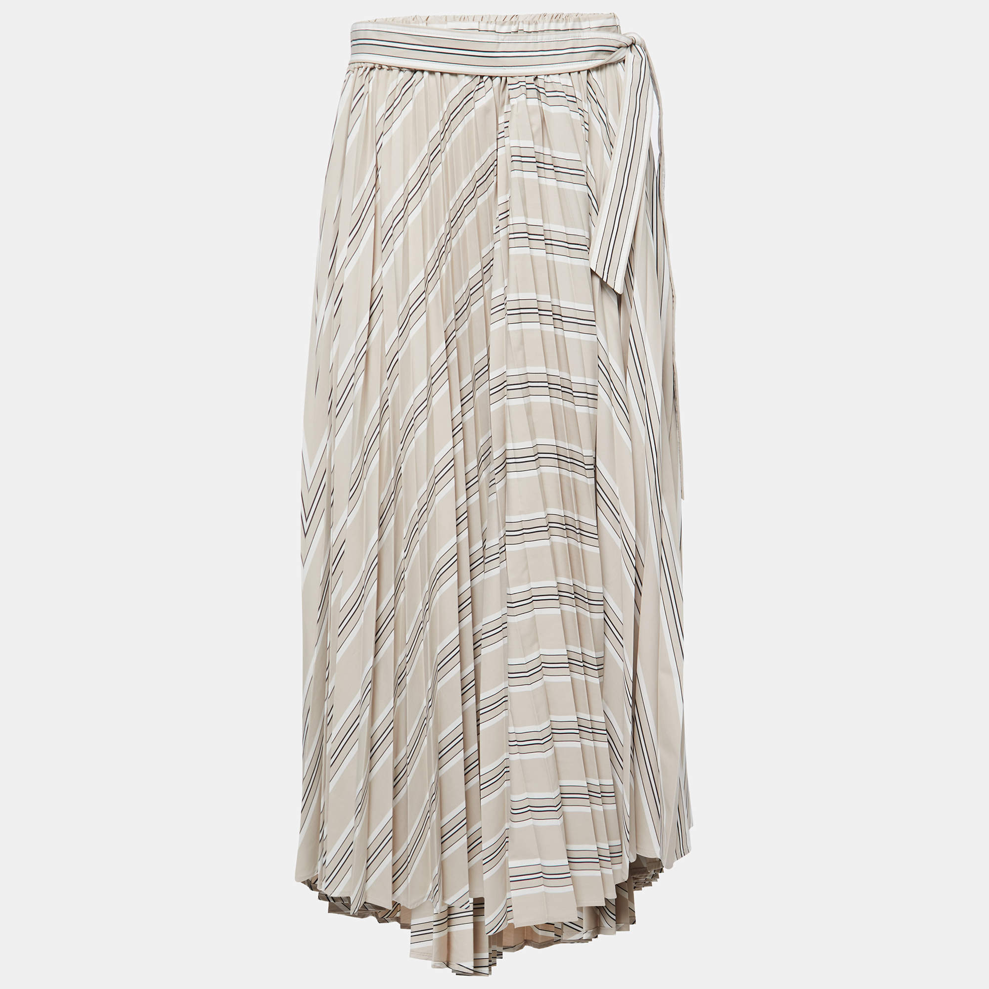 Pre Owned Brunello Cucinelli Beige Stripe Print Cotton Blend Pleated Midi Skirt M