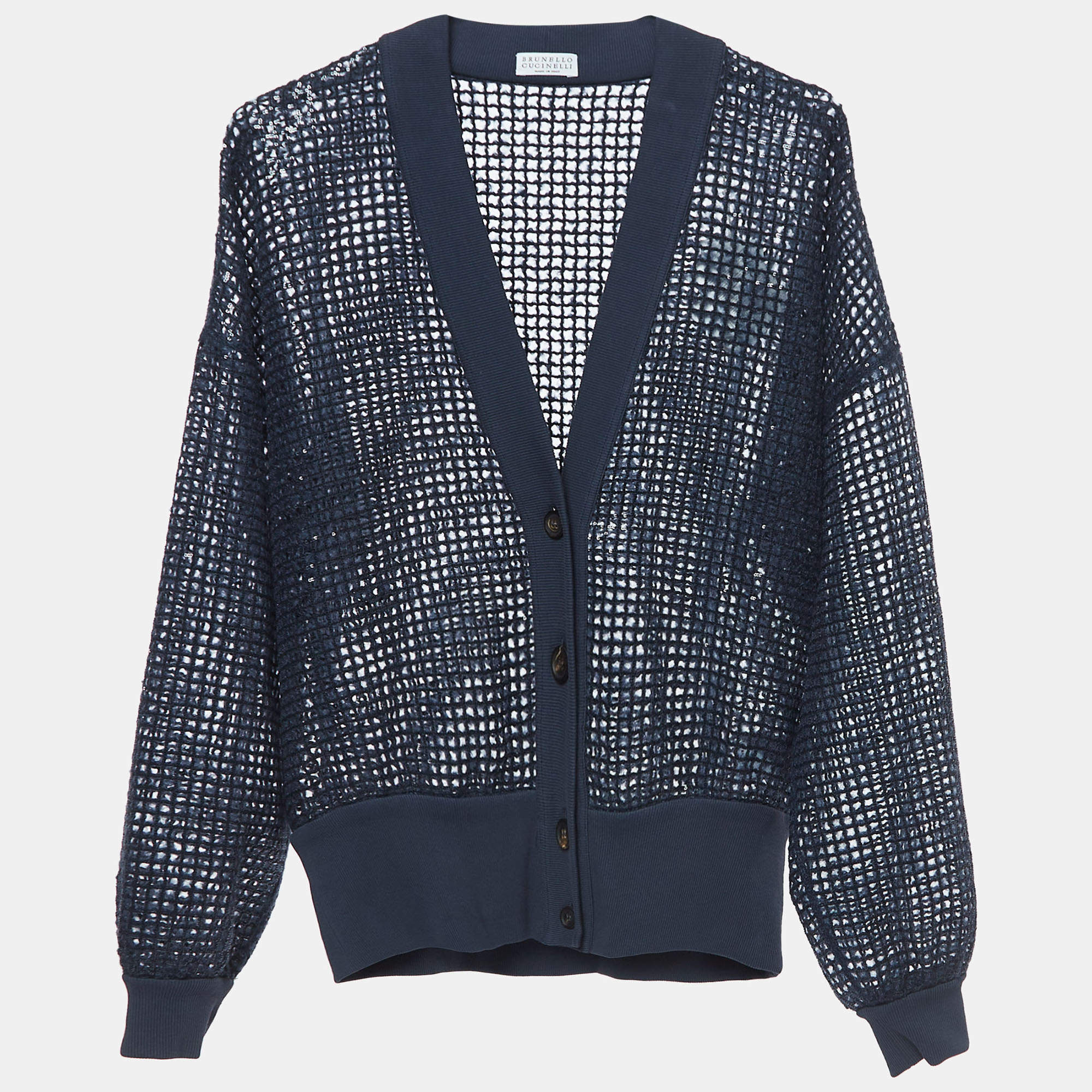 Pre Owned Brunello Cucinelli Navy Blue Sequined Knit Cardigan L