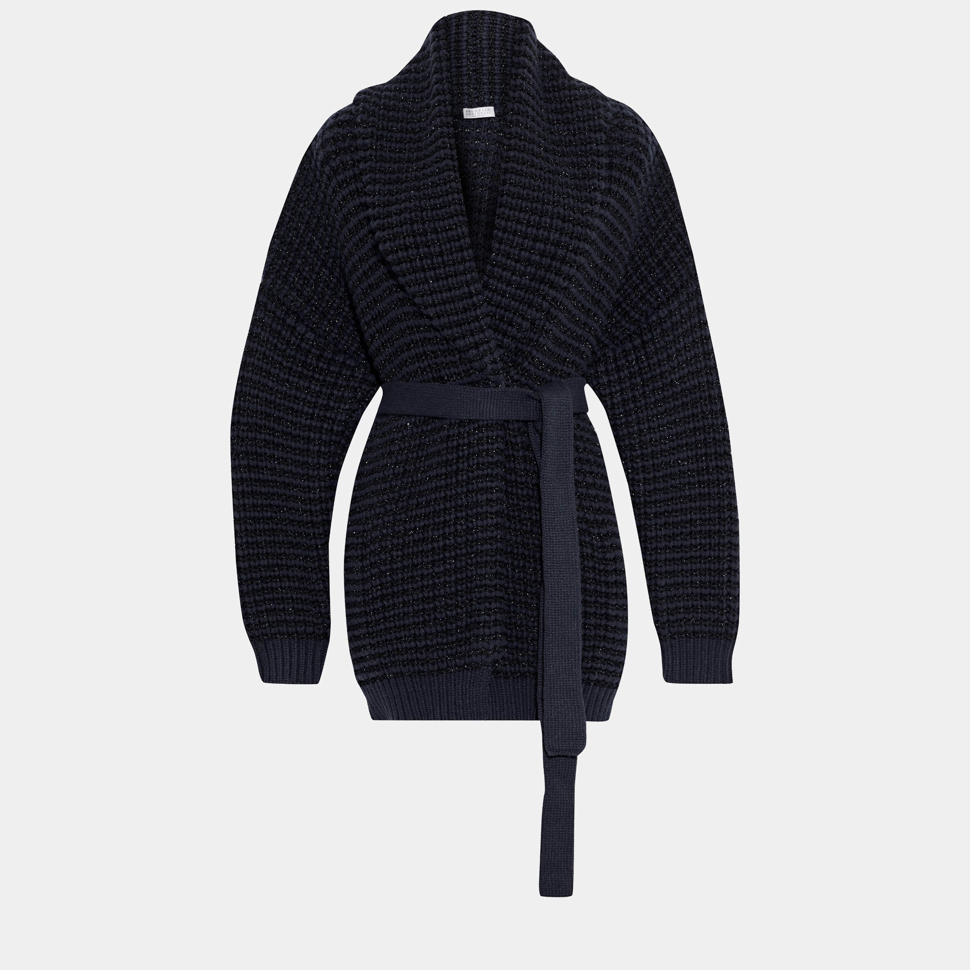 Brunello Cucinelli Blue Lurex Wool Blend Knit Belted Cardigan M