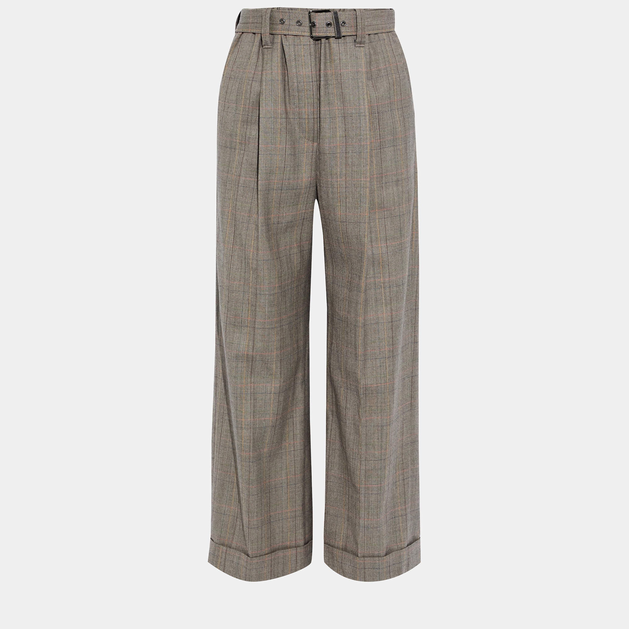 Brunello Cucinelli Grey Checked Wool Wide Leg Pants M (IT 42)