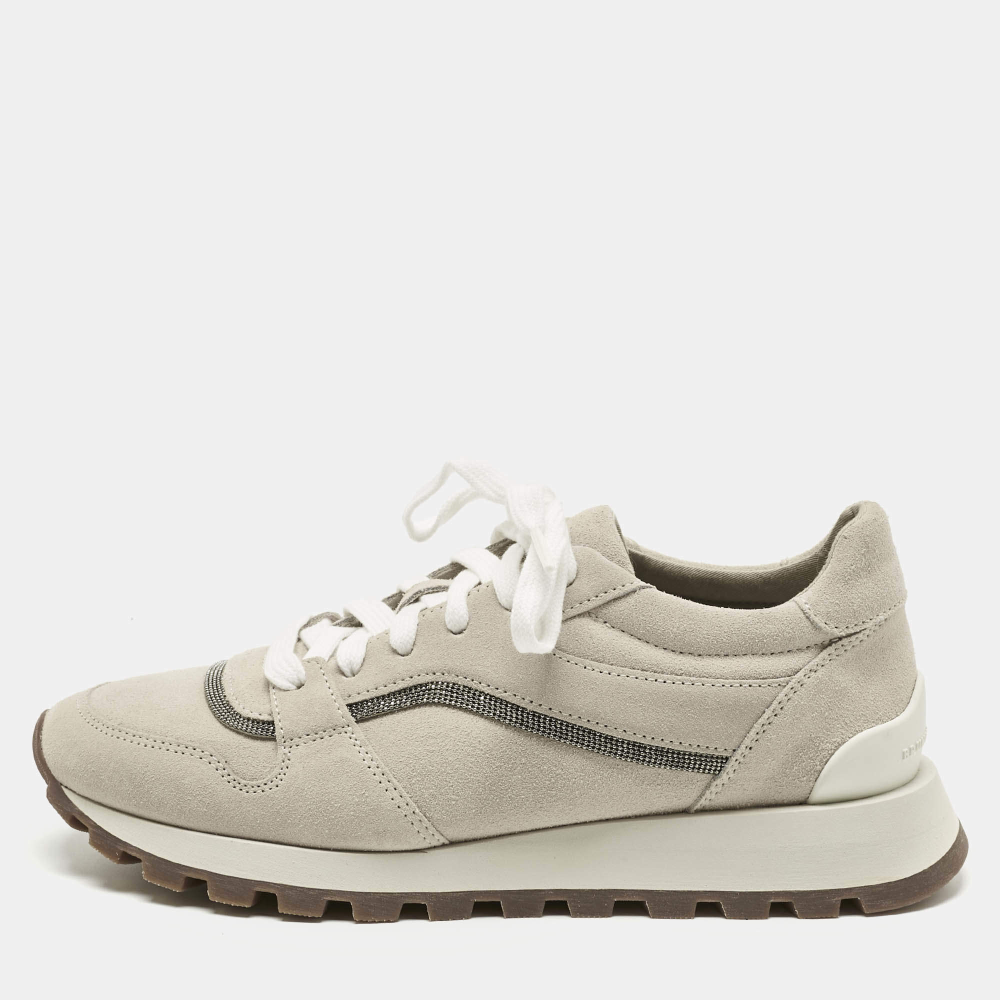 Pre Owned Brunello Cucinelli Grey Suede Monili Lace Up Sneakers Size 38