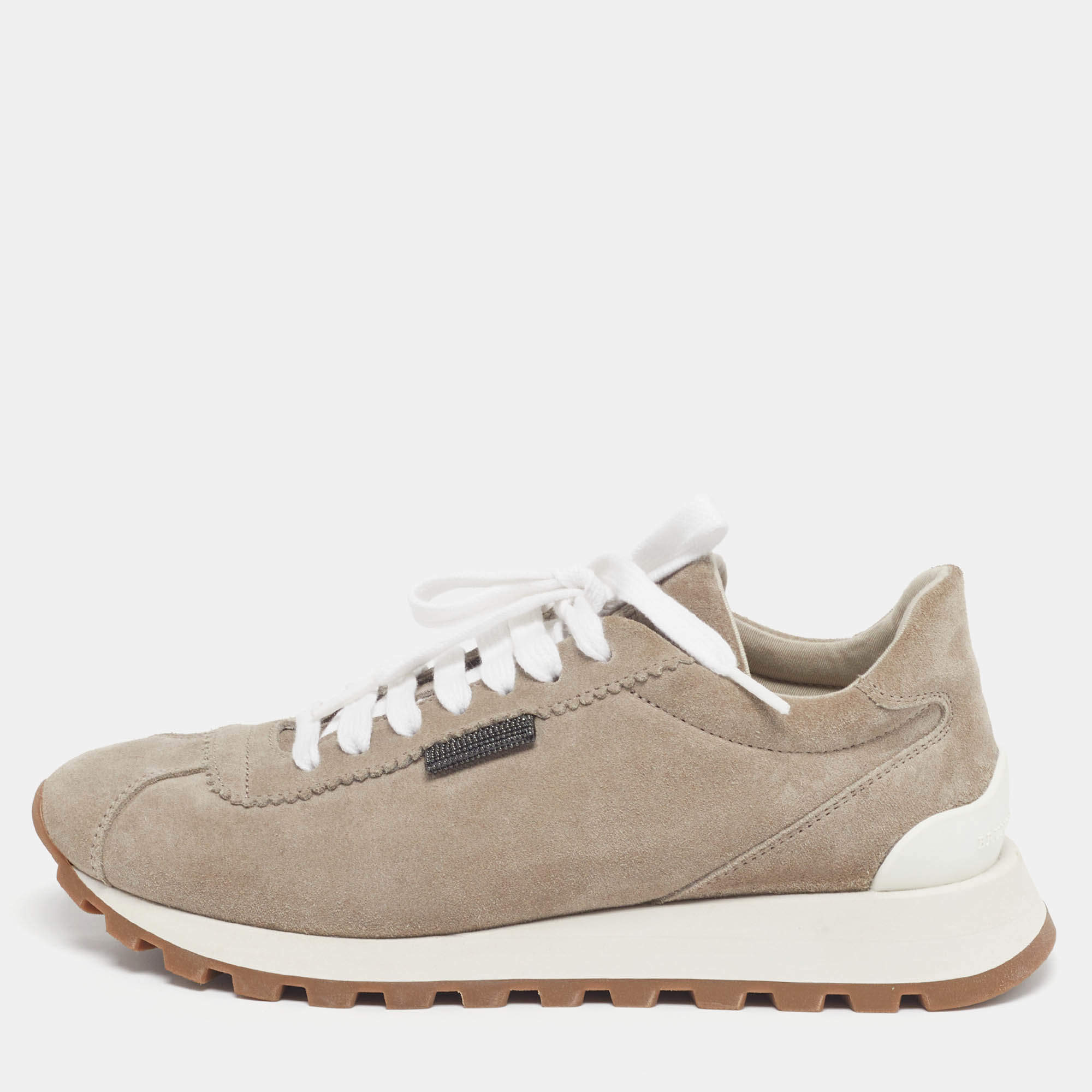 Pre Owned Brunello Cucinelli Grey Suede Monili Lace Up Sneakers Size 38