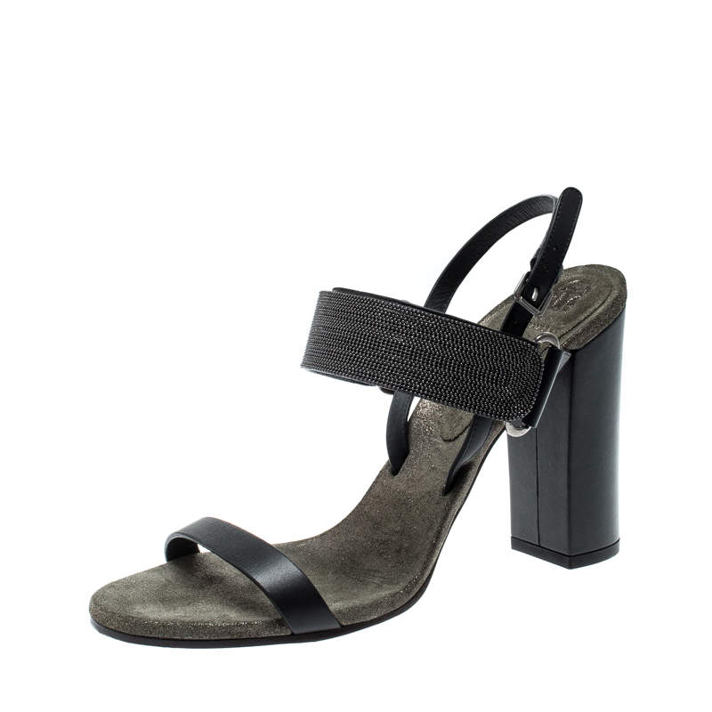 Brunello Cucinelli Black Leather Bead Detail Ankle Strap Sandals Size 39