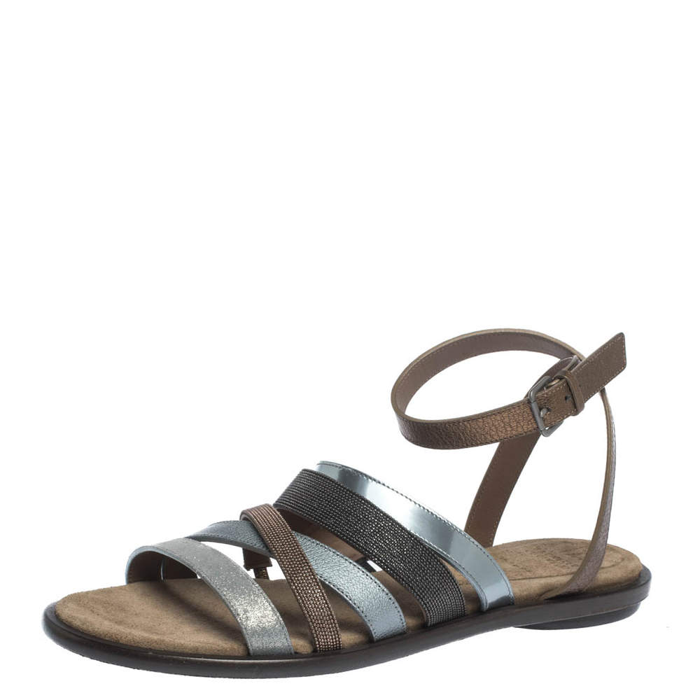 Brunello Cucinelli Multicolor Leather And Fabric Monile Crossover Ankle Strap Flats Size 39