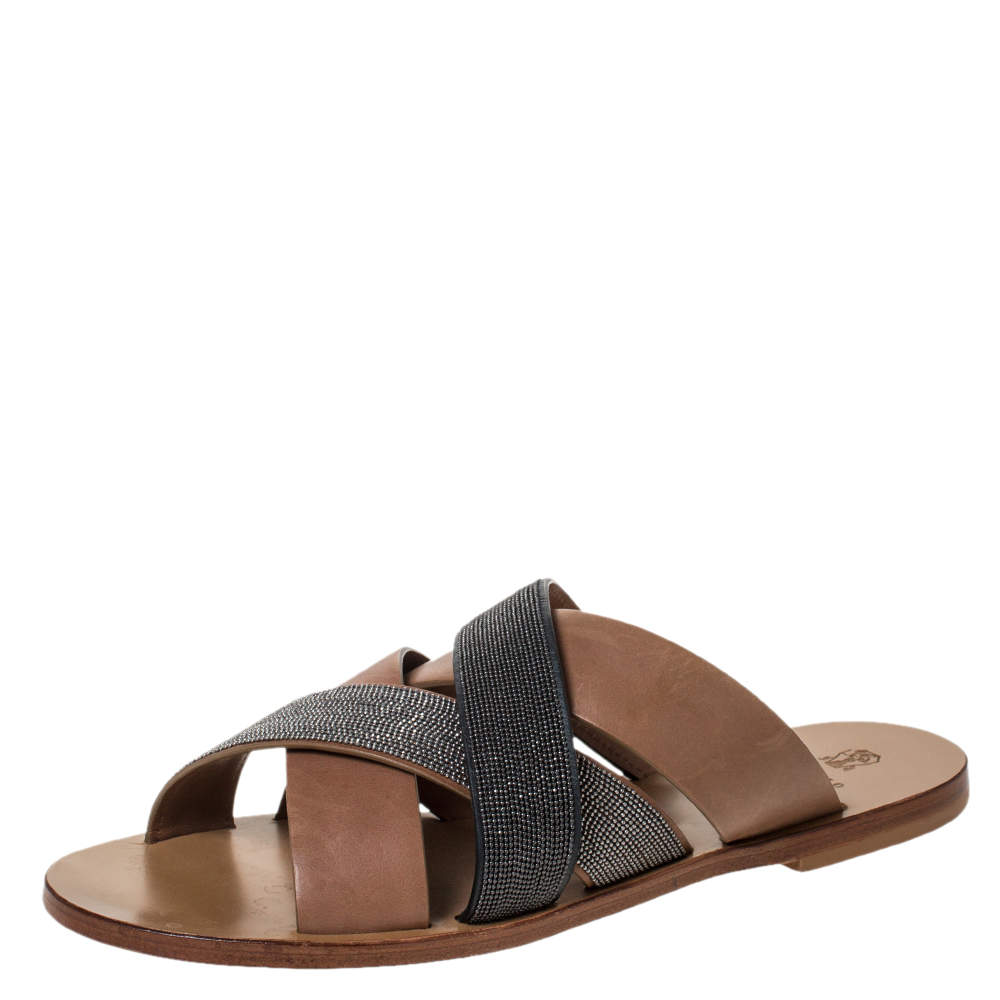 Brunello Cucinelli Brown Beaded Leather Crossover Sandals Size 39
