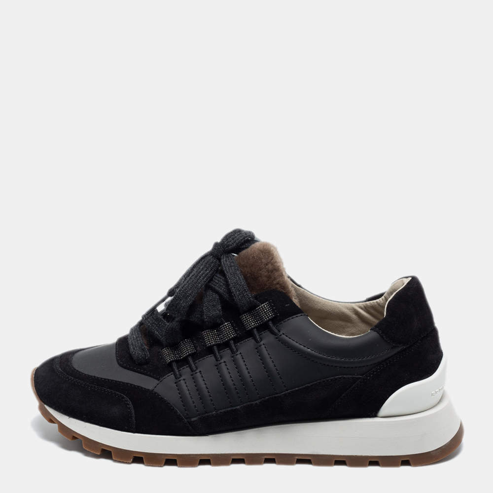 Pre Owned Brunello Cucinelli Black Suede and Leather Low Top Sneakers Size 39.5