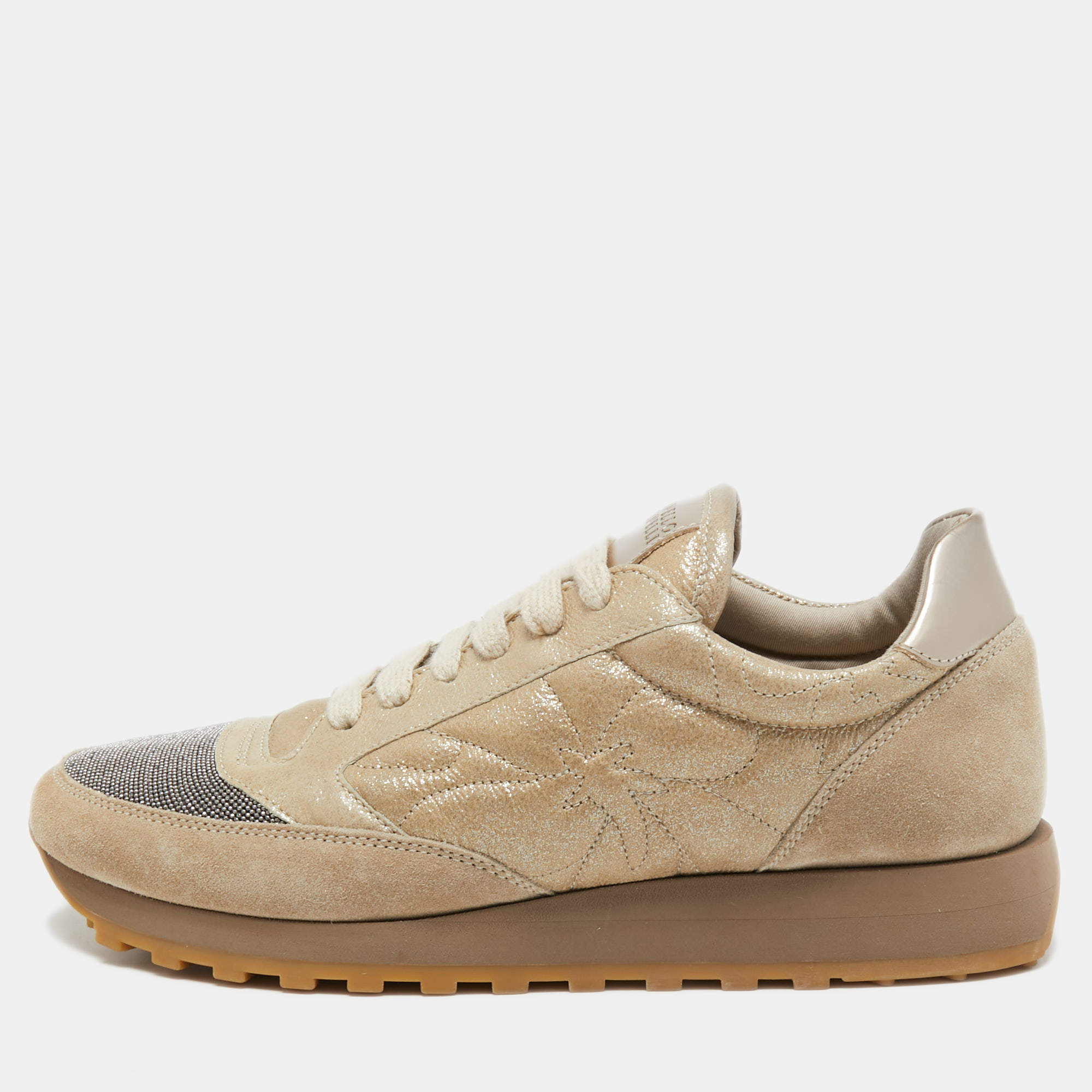 Pre Owned Brunello Cucinelli Beige/Gold Suede And Leather Accents Sneakers Size 39.5