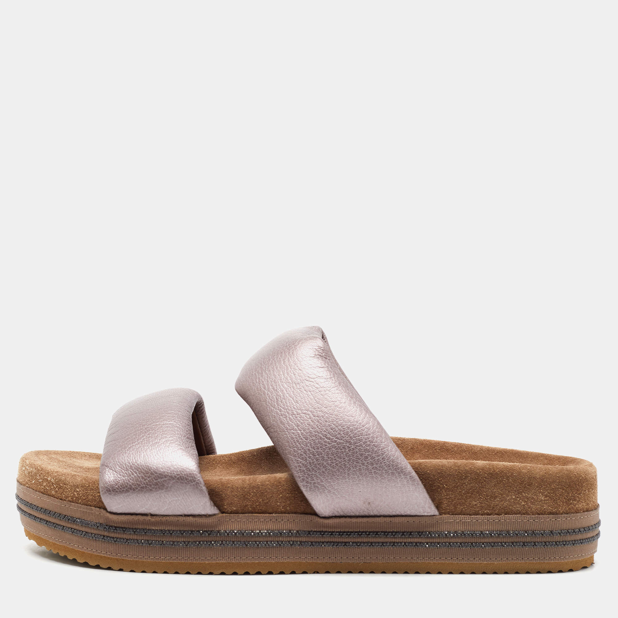 Brunello Cucinelli Metallic Purple Leather Two Strap Slides Size 38