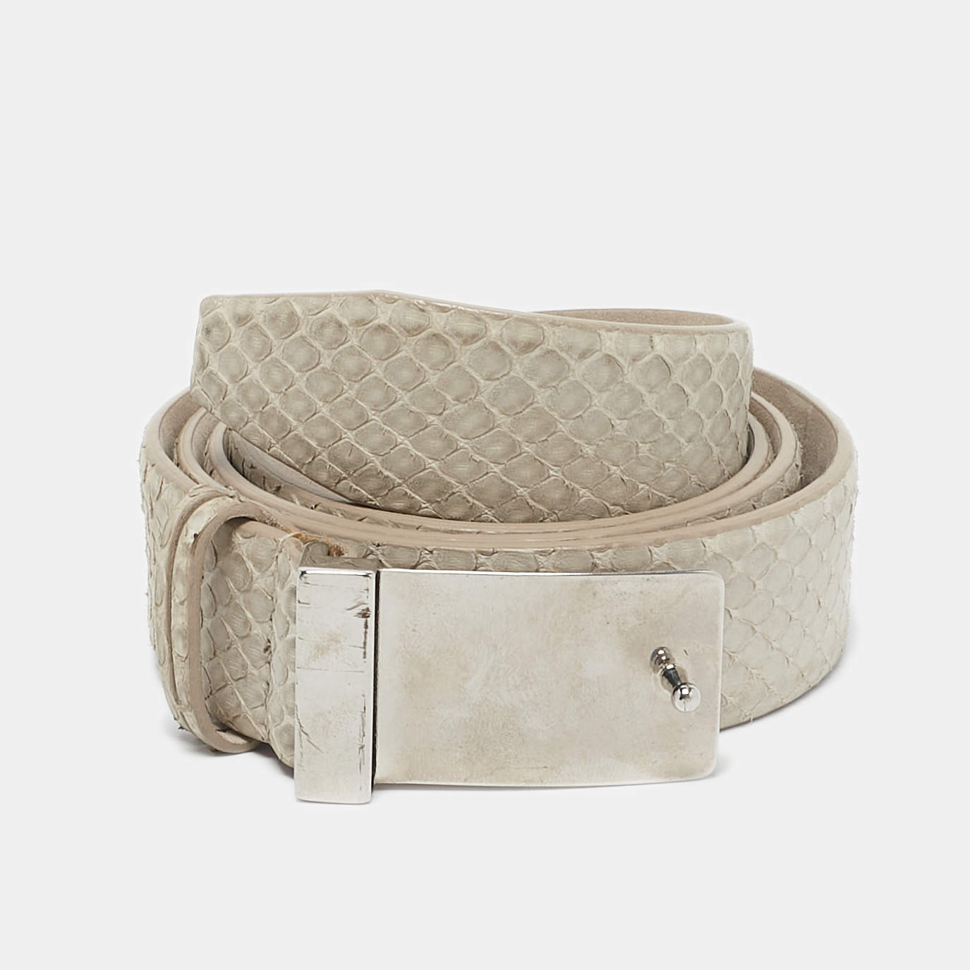 Brunello Cucinelli Light Grey Snakeskin Buckle Belt L
