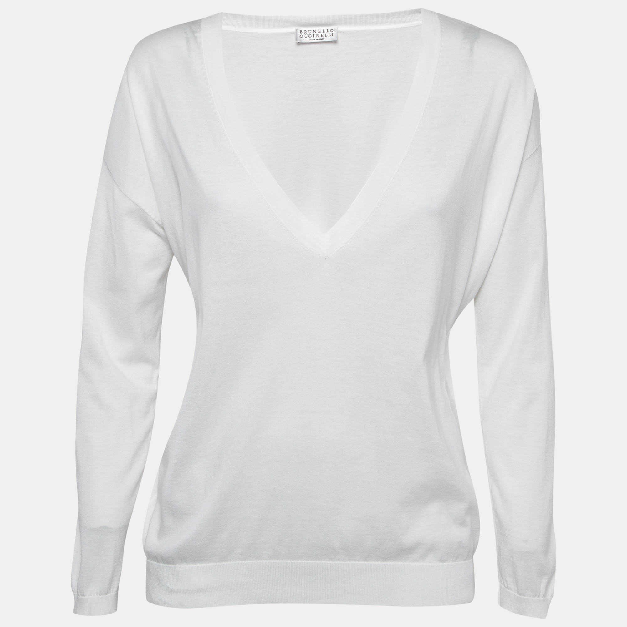 Pre Owned Brunello Cucinelli White Cotton Knit V-Neck Sweatshirt S