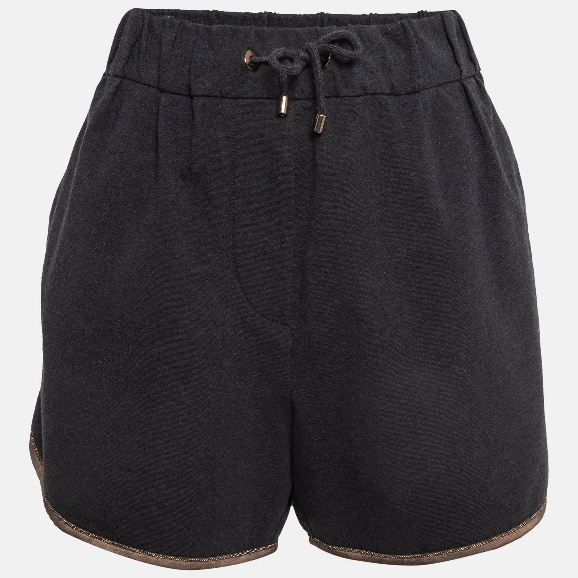 Pre Owned Brunello Cucinelli Grey Embellished Cotton Knit Hot Pants L