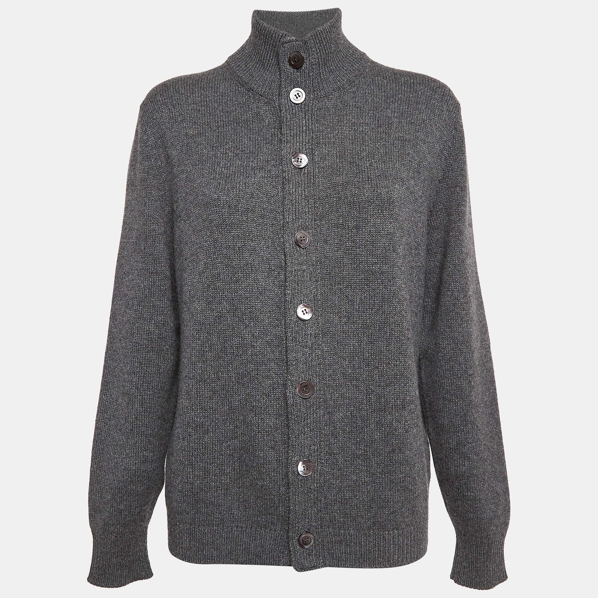 Pre Owned Brunello Cucinelli Grey Rib Knit Cashmere Cardigan XL