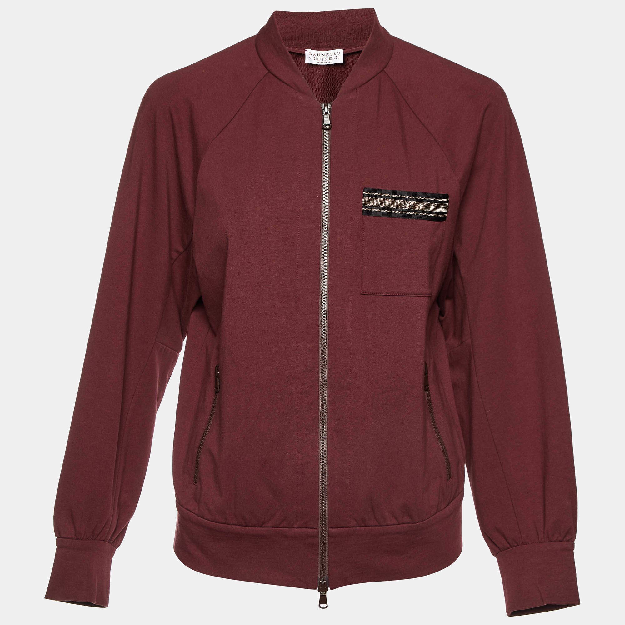 Brunello Cucinelli Burgundy Detailed Pocket Zip-Up Jacket S