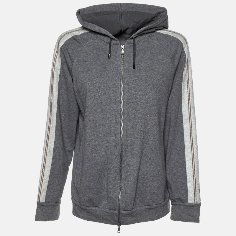 Pre Owned Brunello Cucinelli Grey Cotton Knit Zip-Up Hoodie S