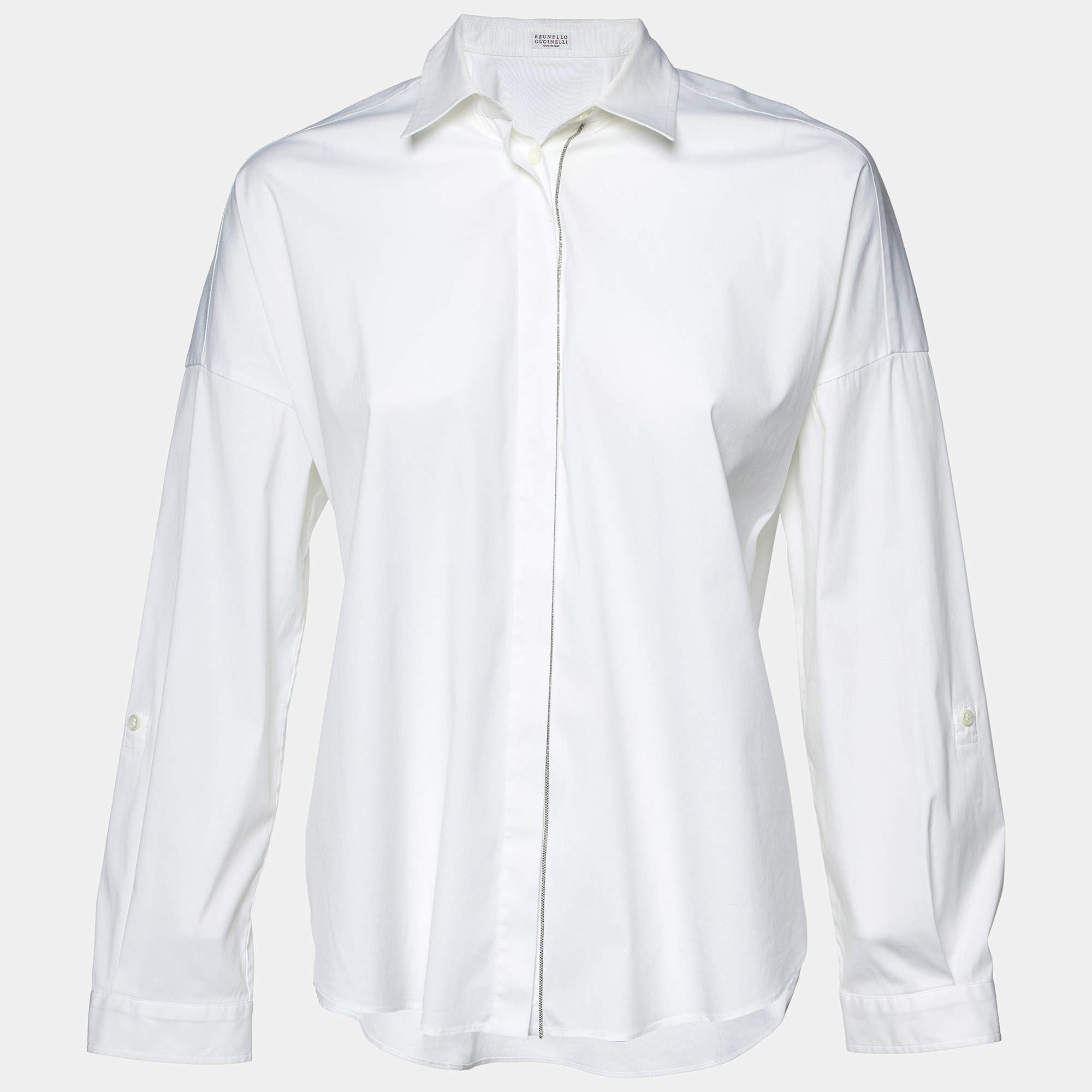 Pre Owned Brunello Cucinelli White Poplin Cotton Shiny Trimmed Shirt M