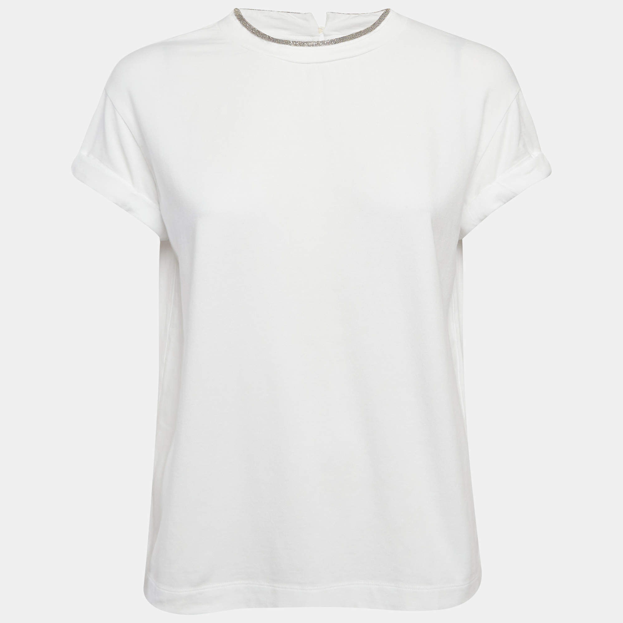 Pre Owned Brunello Cucinelli White Cotton Neck Detail Roll-Up Sleeve Top M