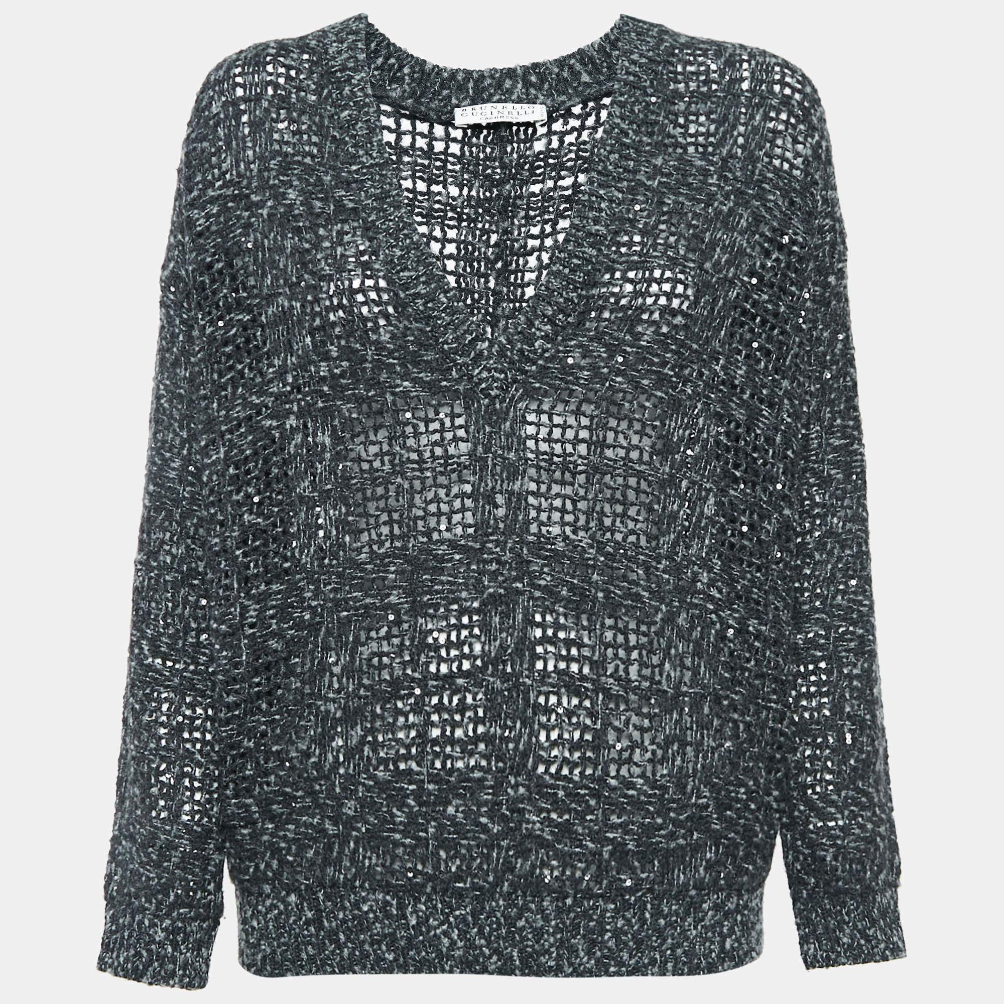 Pre Owned Brunello Cucinelli Grey Cashmere Knit Sequin V-Neck Sweater M