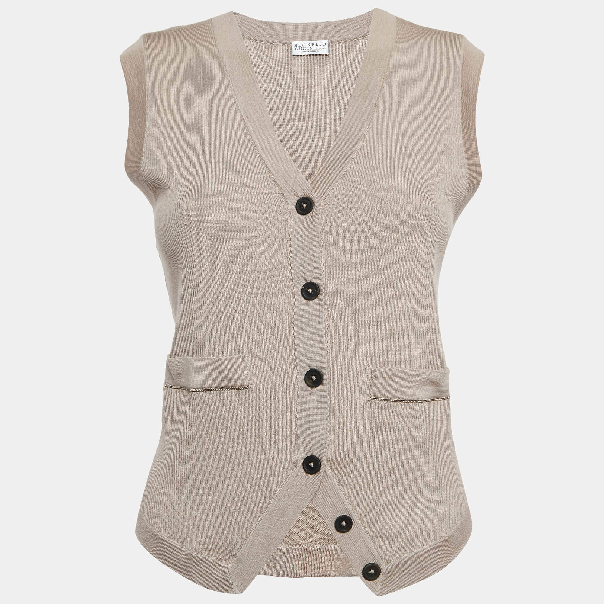 Brunello Cucinelli Beige Rib Knit Button Front Cardigan XS