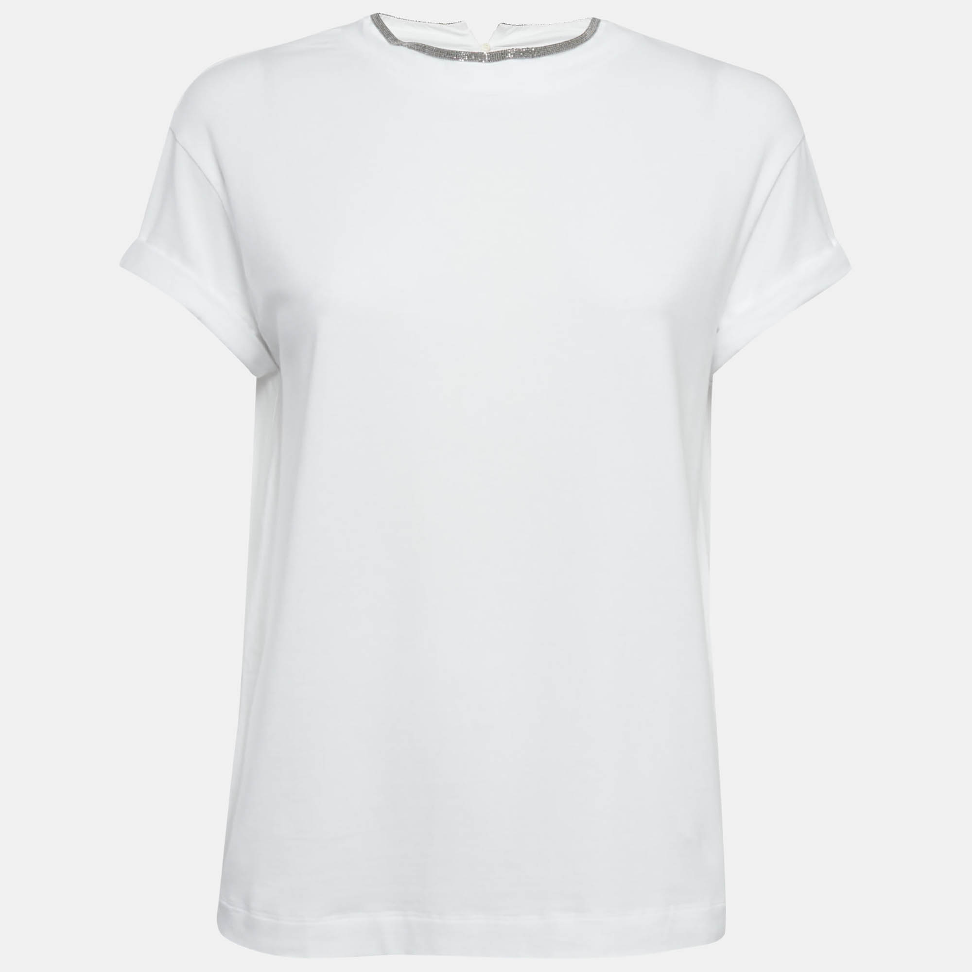 Pre Owned Brunello Cucinelli White Cotton Embellished Neck Top S