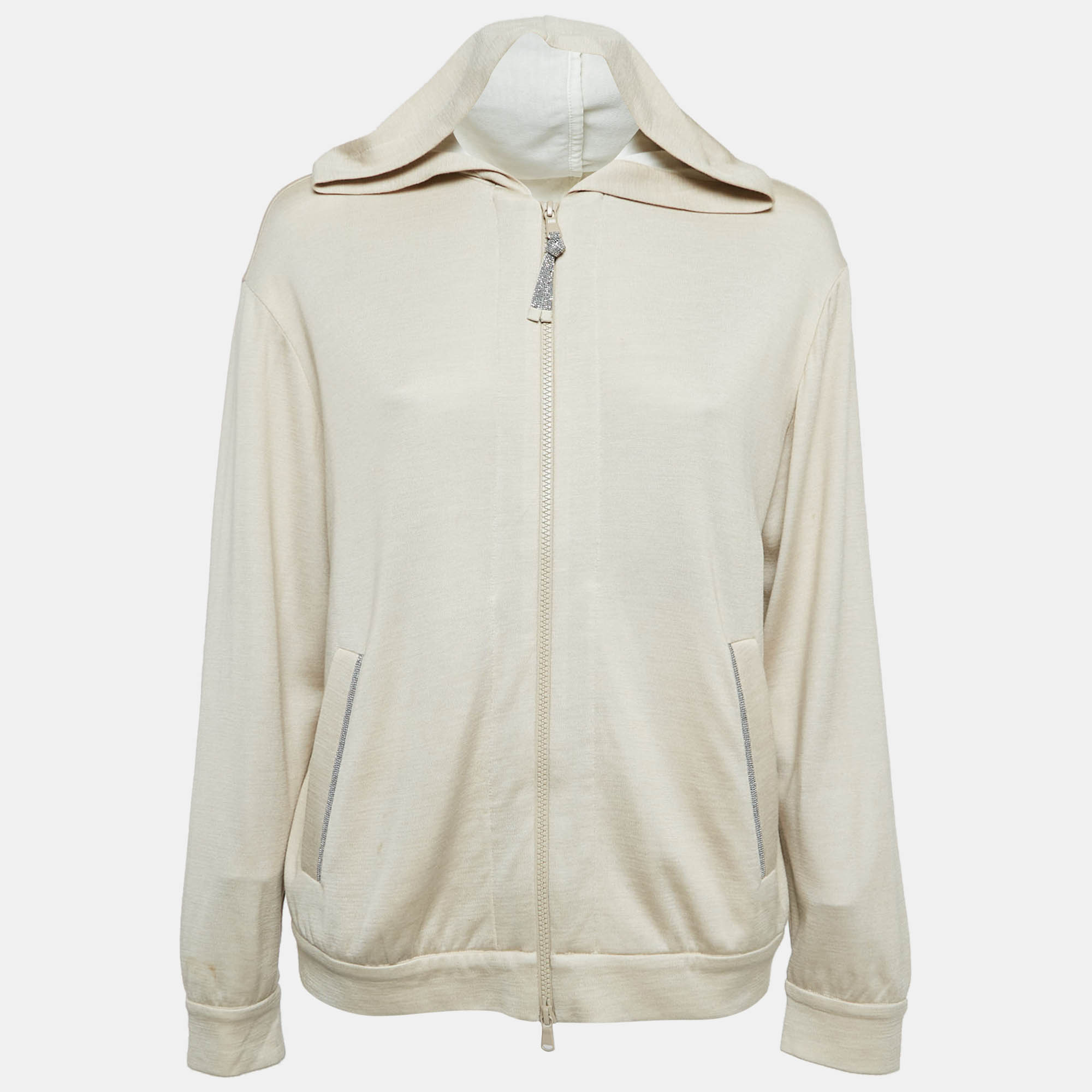 Pre Owned Brunello Cucinelli Beige Embellished Cotton Blend Zip-Up Hoodie M
