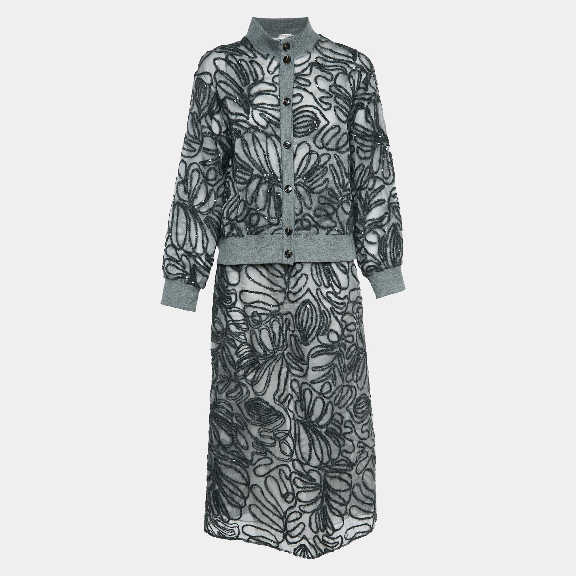 Pre Owned Brunello Cucinelli Grey Ramage Paillete  Silk Cardigan and Skirt S