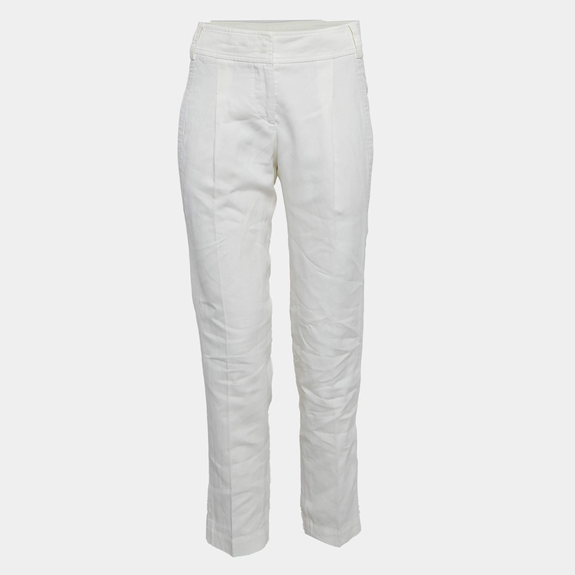 Brunello Cucinelli White Linen Blend Tapered Trousers S
