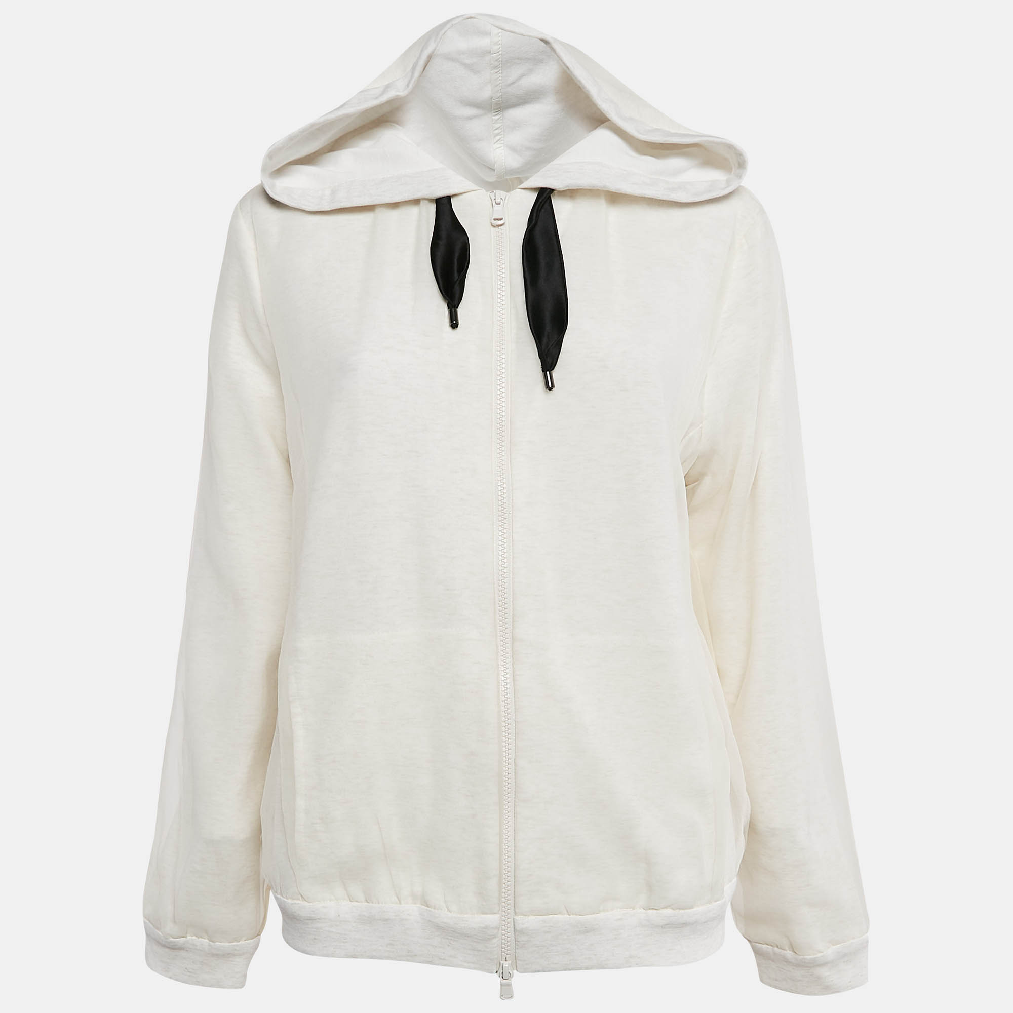 Pre Owned Brunello Cucinelli Cream Silk and Jersey Zip-Up Hoodie L