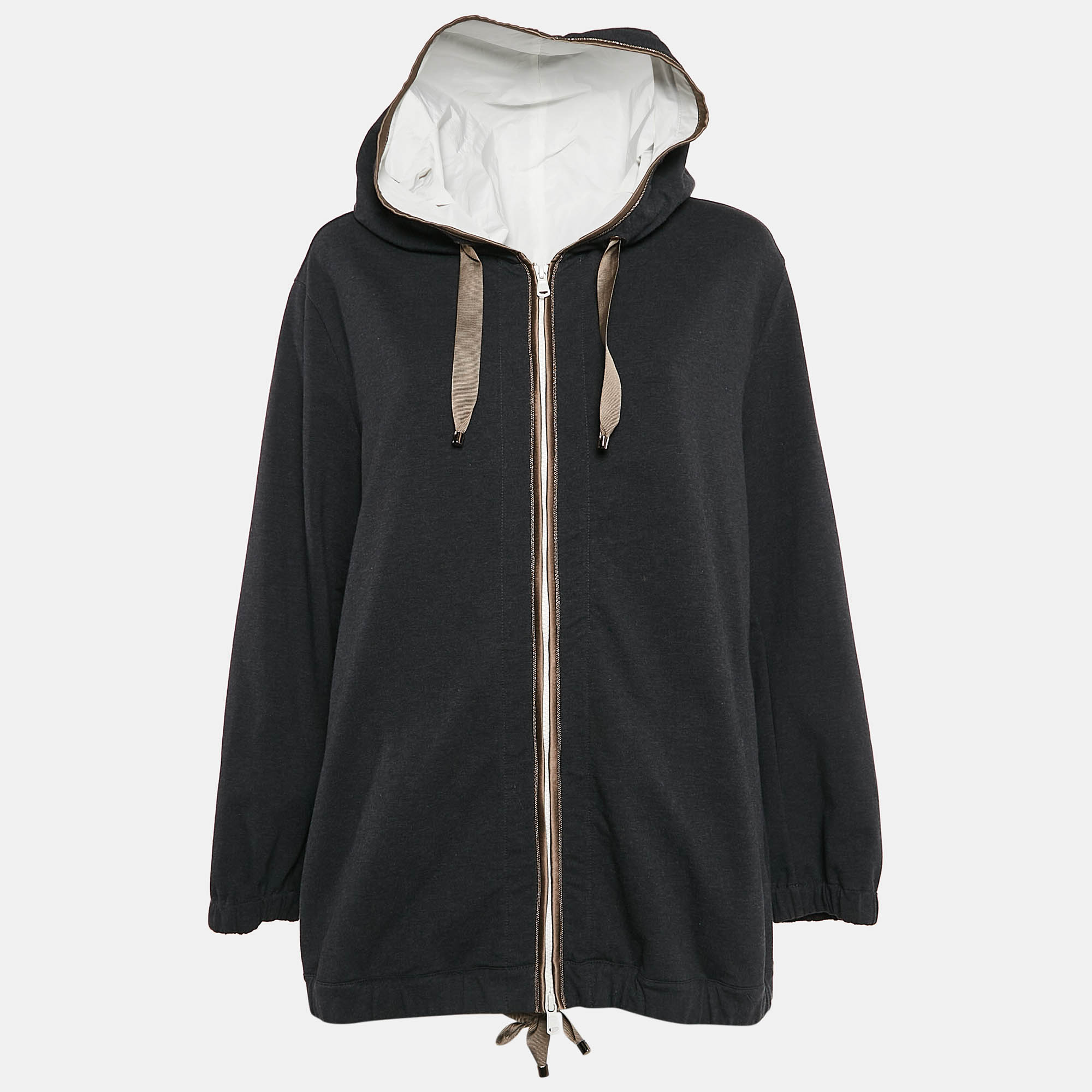 Brunello Cucinelli Dark Grey Cotton Knit Monili Bead Detail Hoodie M