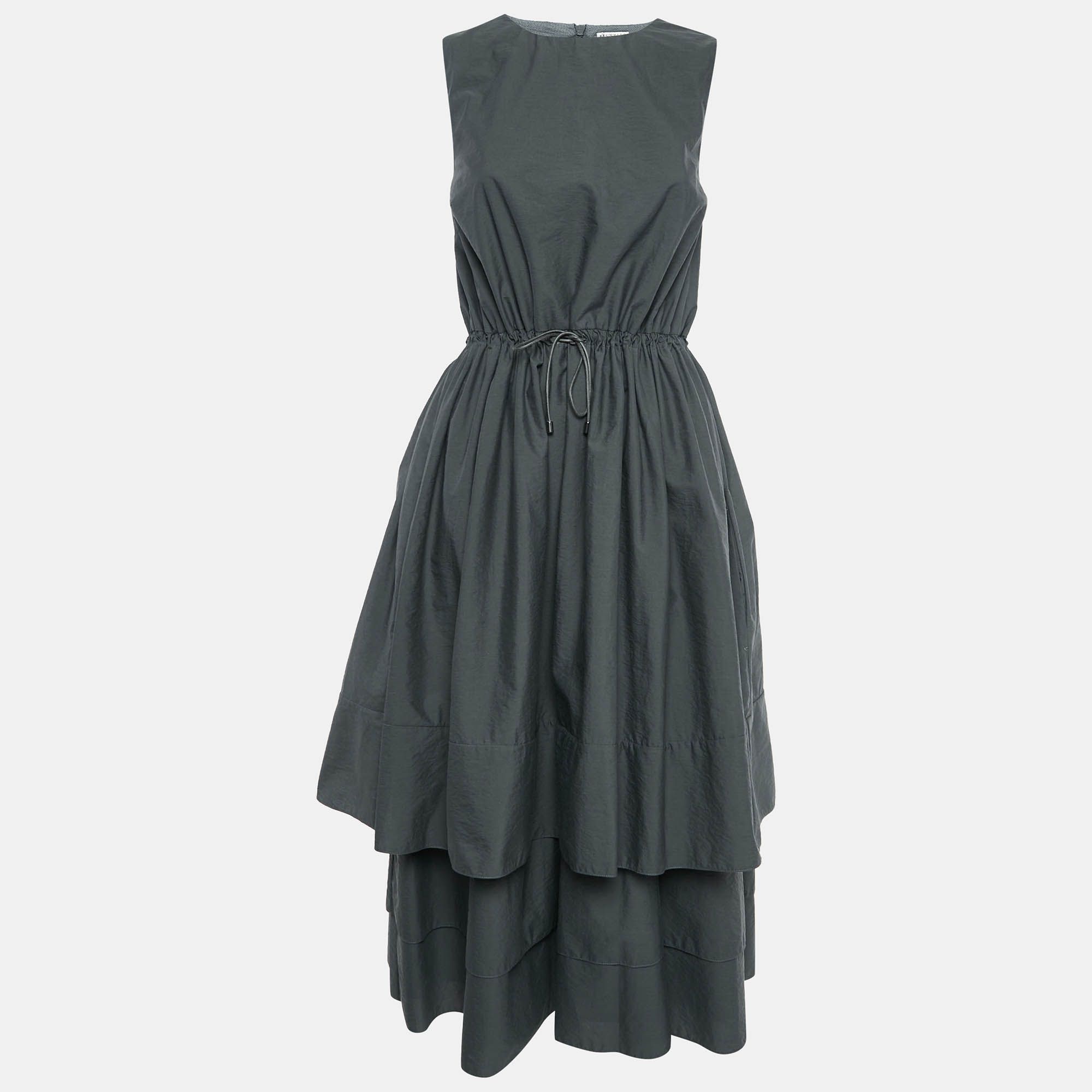 Brunello Cucinelli Grey Cotton Blend Drawstring Tiered Midi Dress M