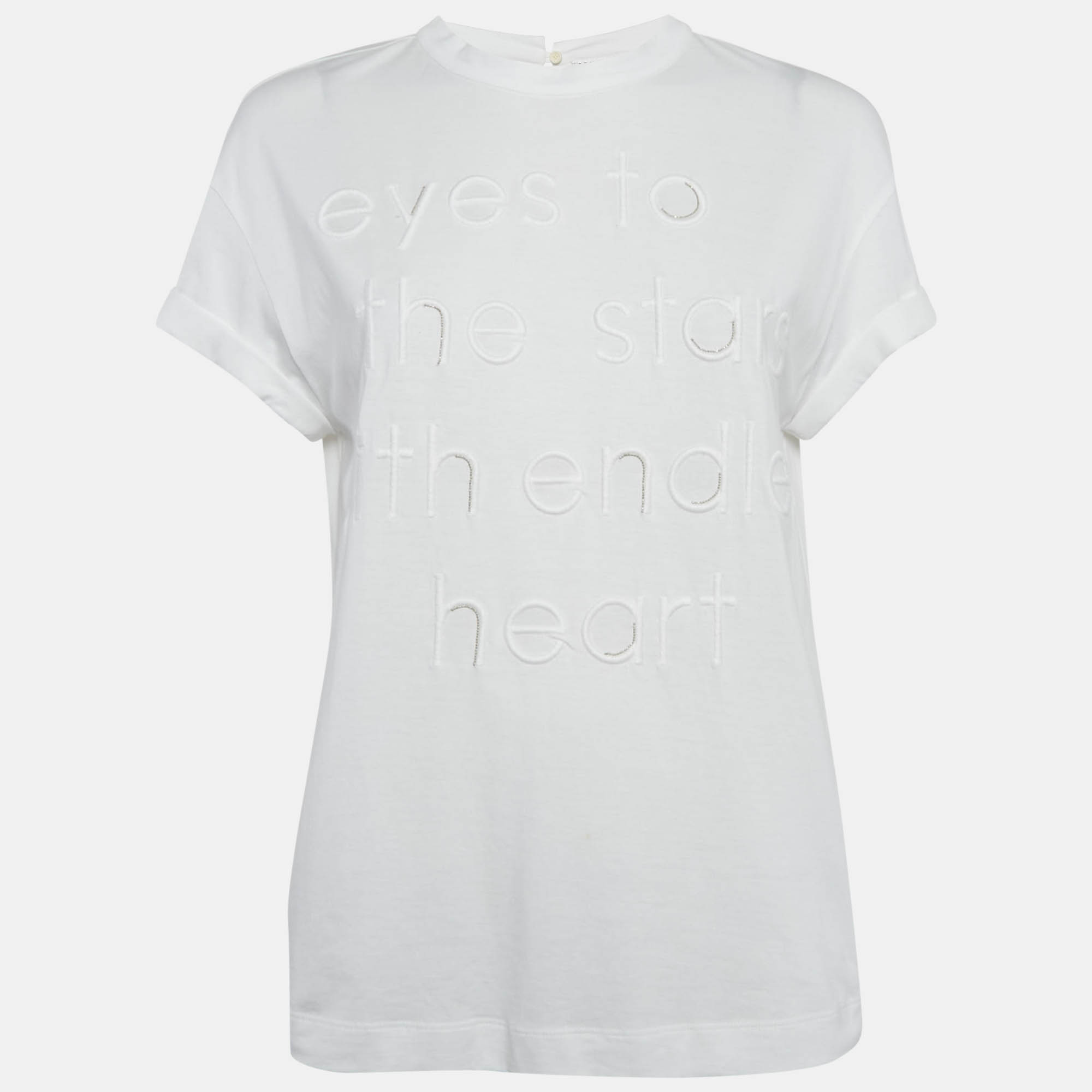 Pre Owned Brunello Cucinelli White Embroidered Cotton Jersey T-Shirt M