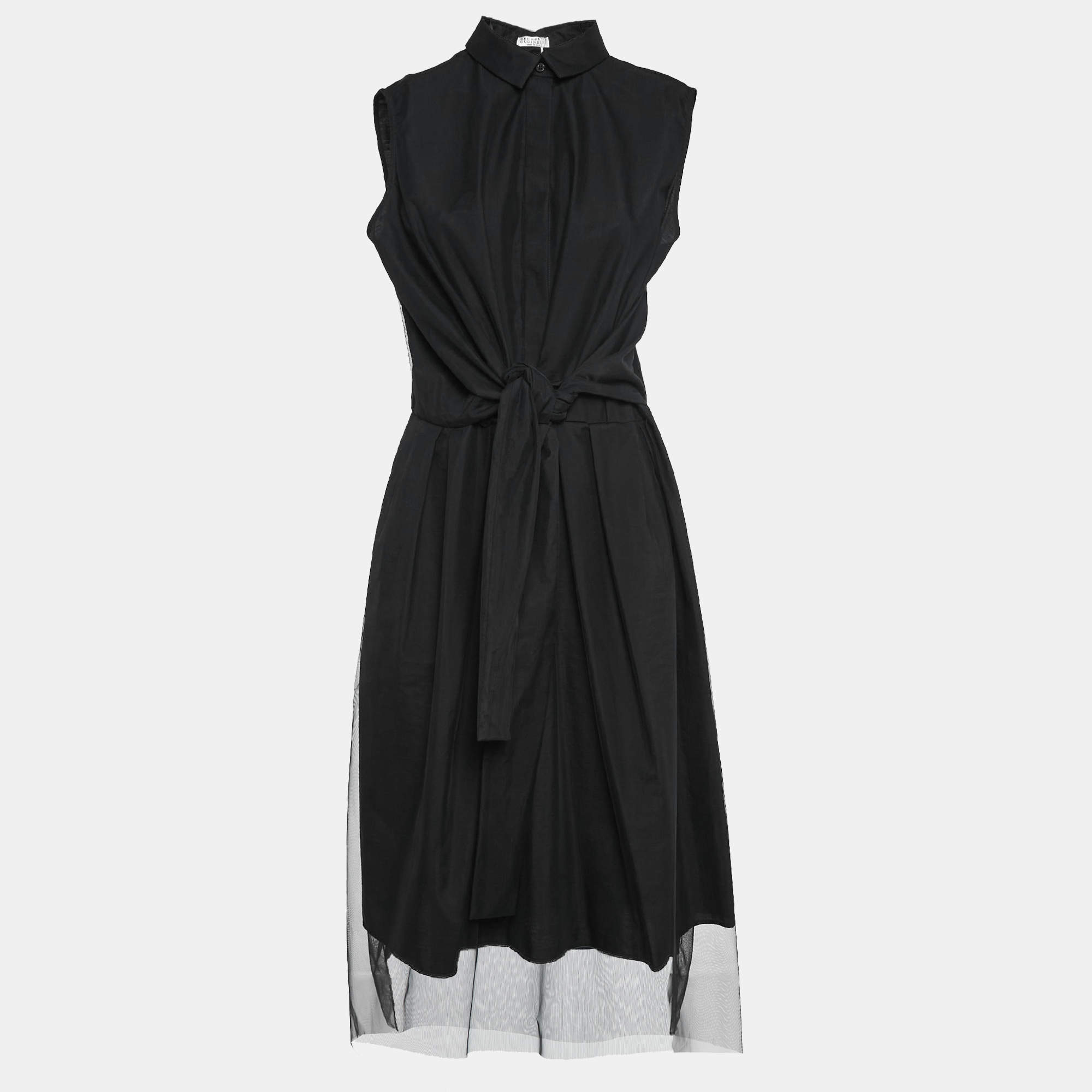 Brunello Cucinelli Black Tulle Waist Tie-Up Detail Midi Dress L