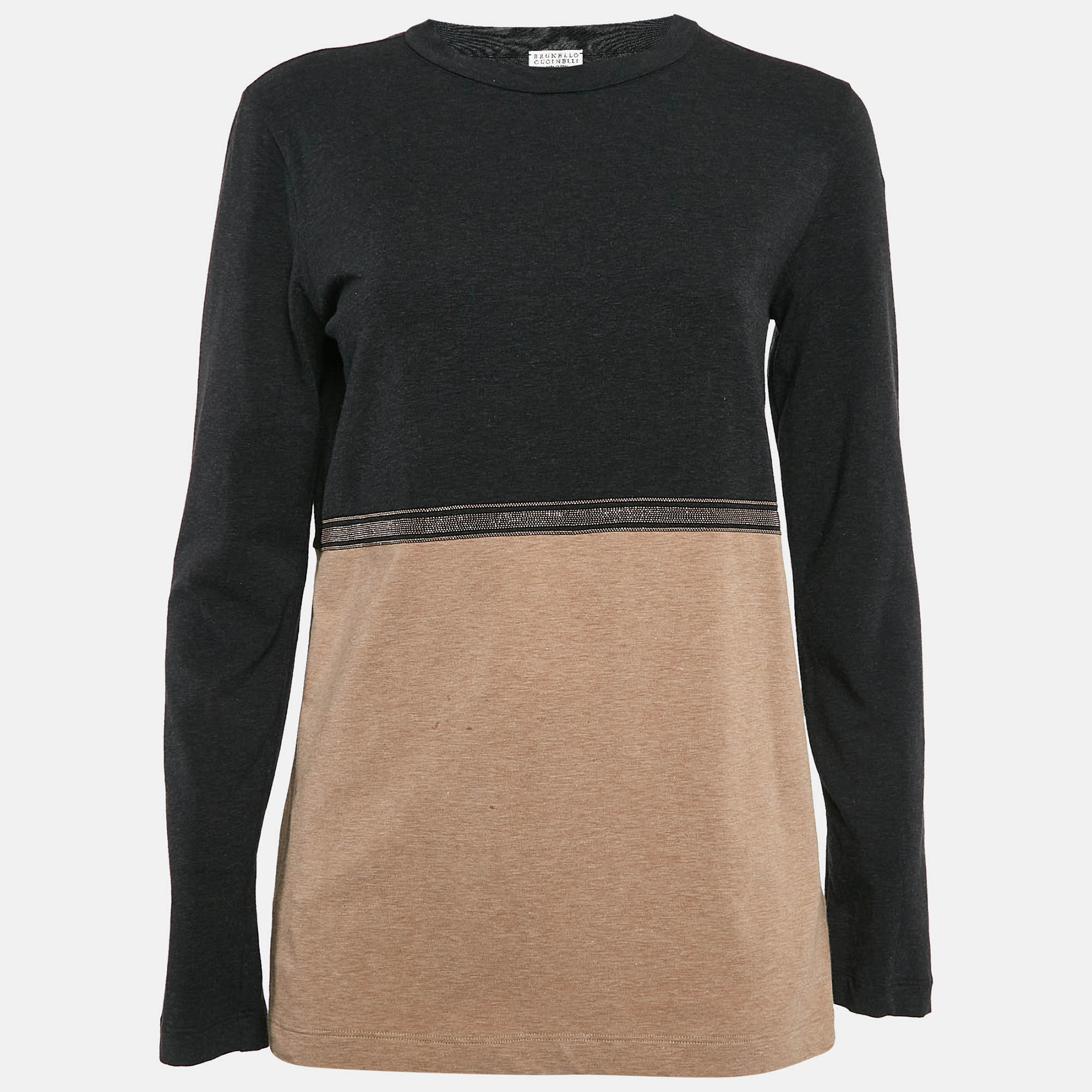 Brunello Cucinelli Grey/Beige Monili Detail Cotton Long Sleeve T-Shirt XL
