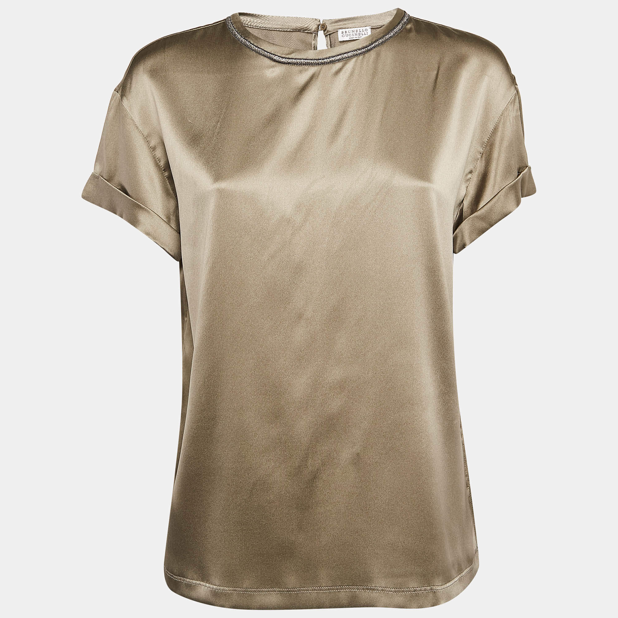 Pre Owned Brunello Cucinelli Khaki Green Silk Monili Beads Top M