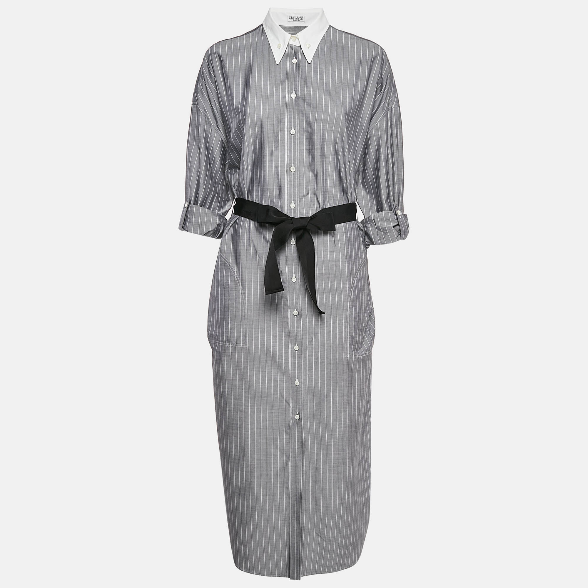 Brunello Cucinelli Grey Stripe Cotton Button Front Midi Dress L