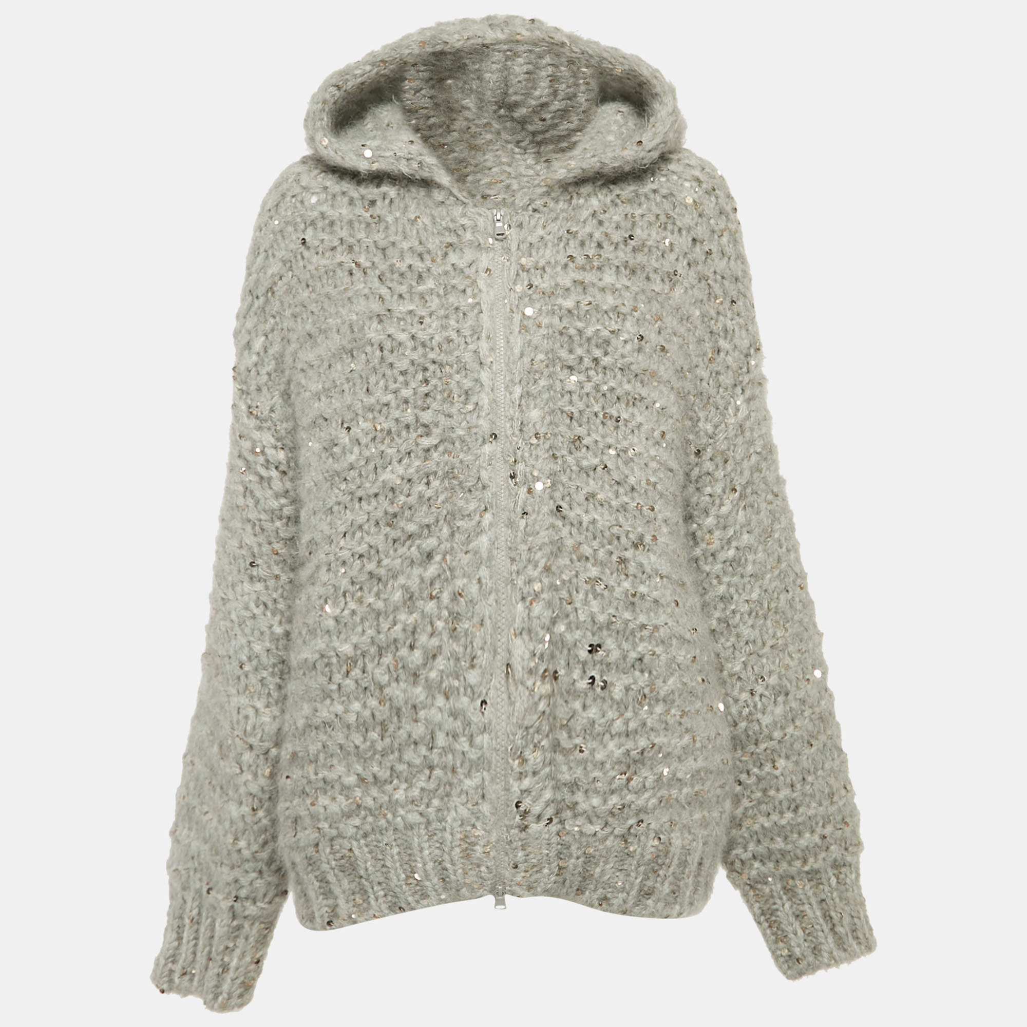 Brunello Cucinelli Grey Sequin Wool Zip-Up Cardigan M