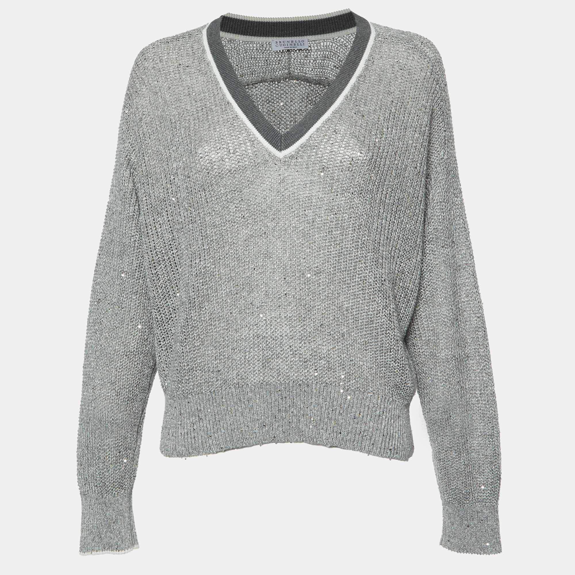 Brunello Cucinelli Grey Sequined Knit V-Neck Jumper S