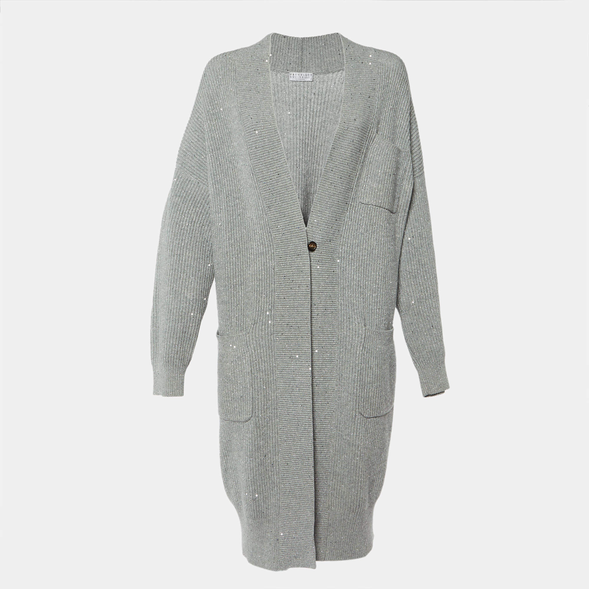 Pre Owned Brunello Cucinelli Grey Sequin Lurex Rib Knit Long Cardigan M