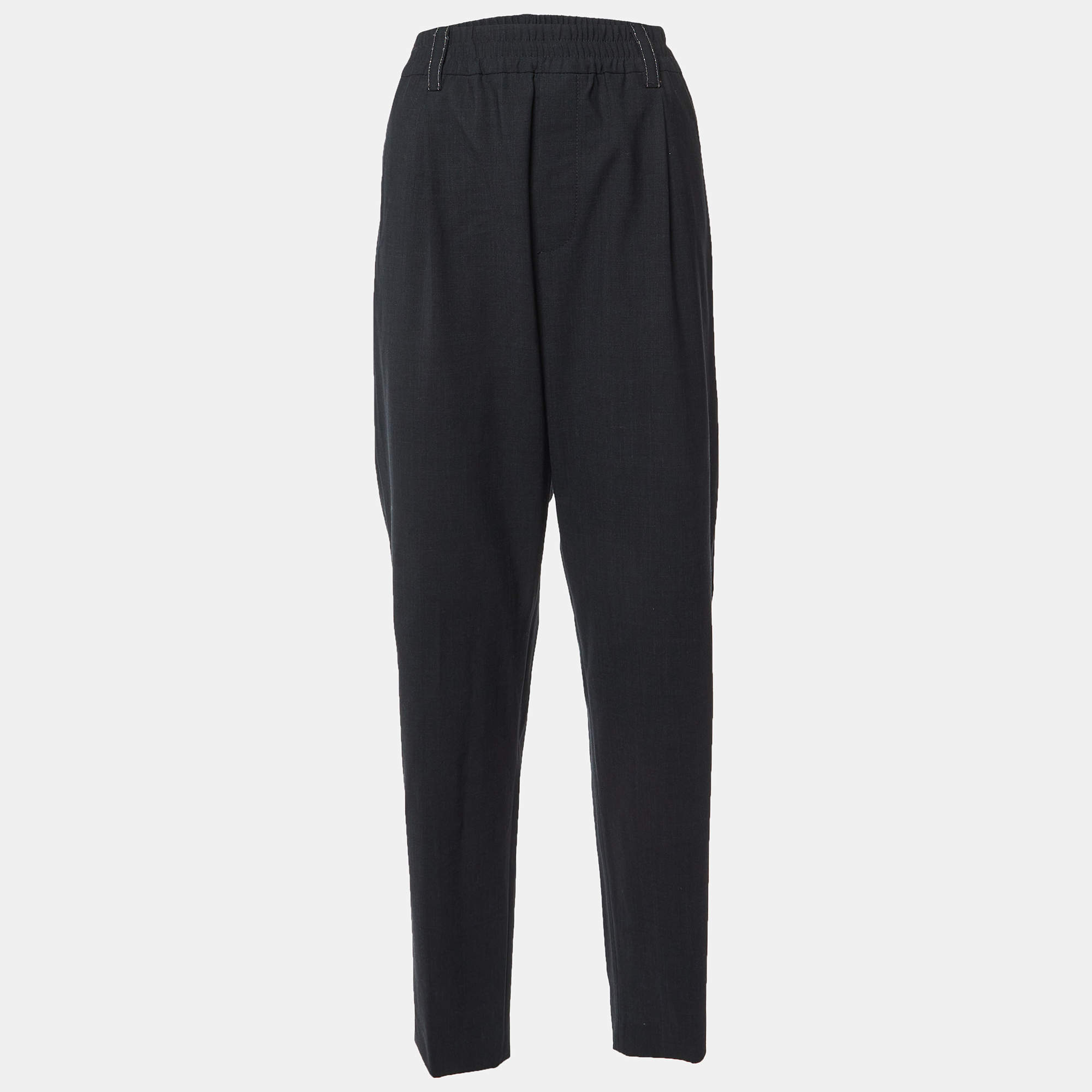 Pre Owned Brunello Cucinelli Black Wool Monili Detail Waist Trousers XL