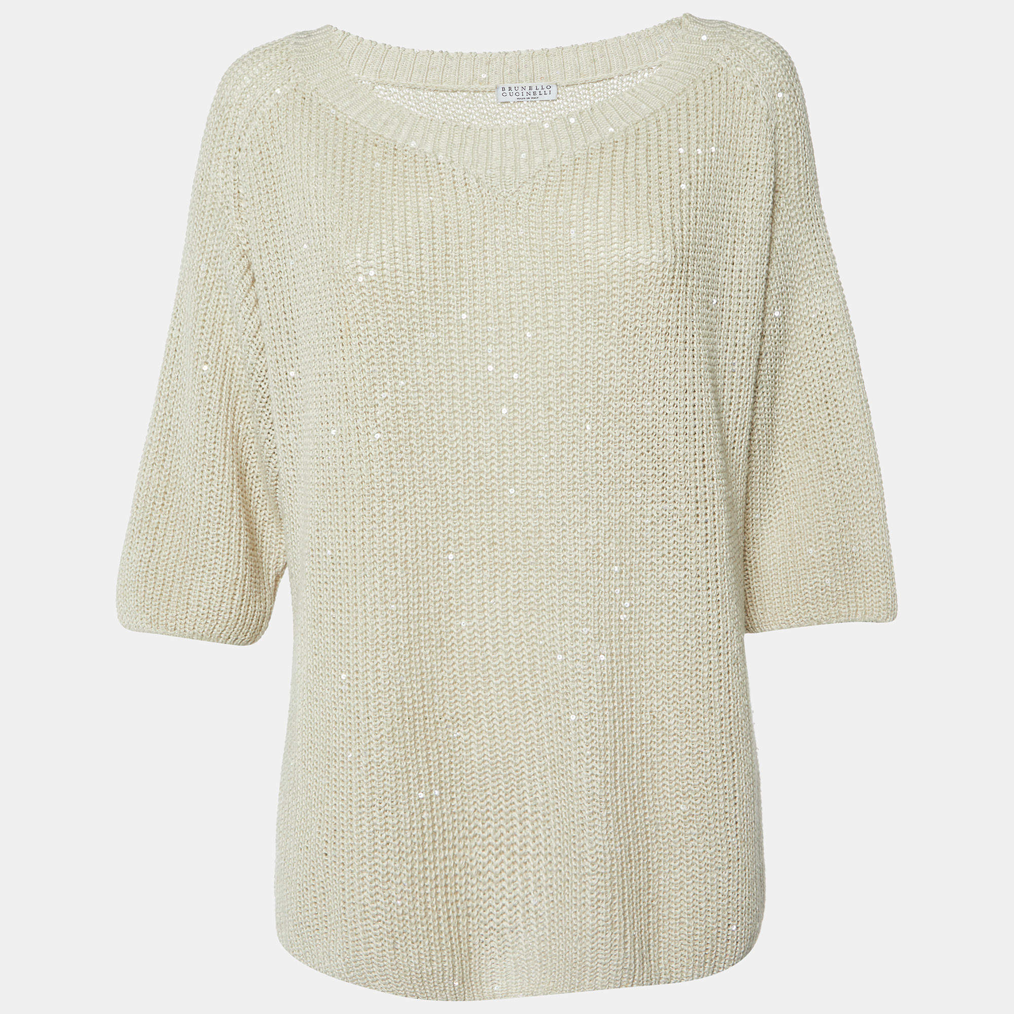 Brunello Cucinelli Beige Sequin Rib Knit V-Neck Sheer Sweater L