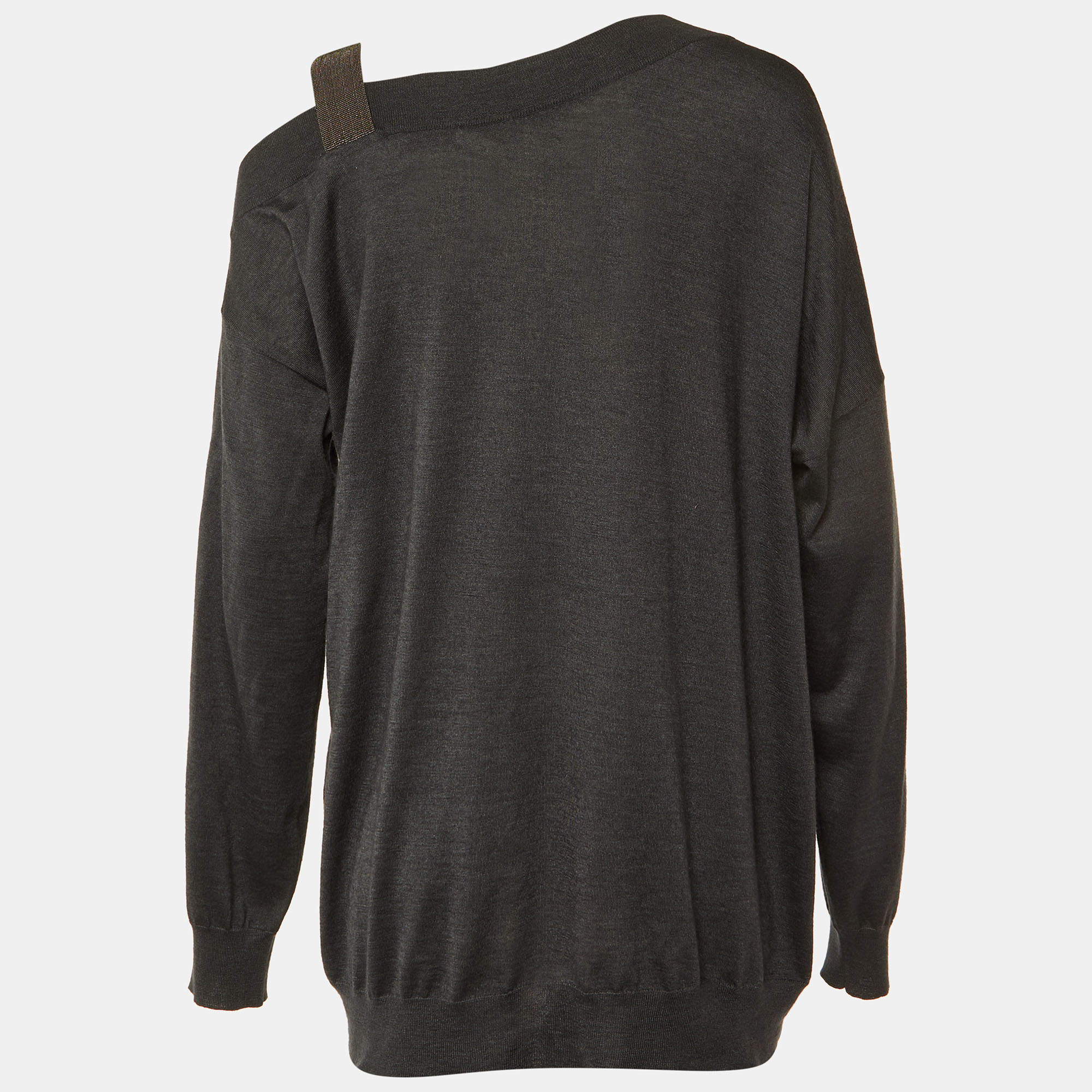 Brunello Cucinelli Grey Cashmere Monili Detail Off Shoulder Sweatshirt XXL
