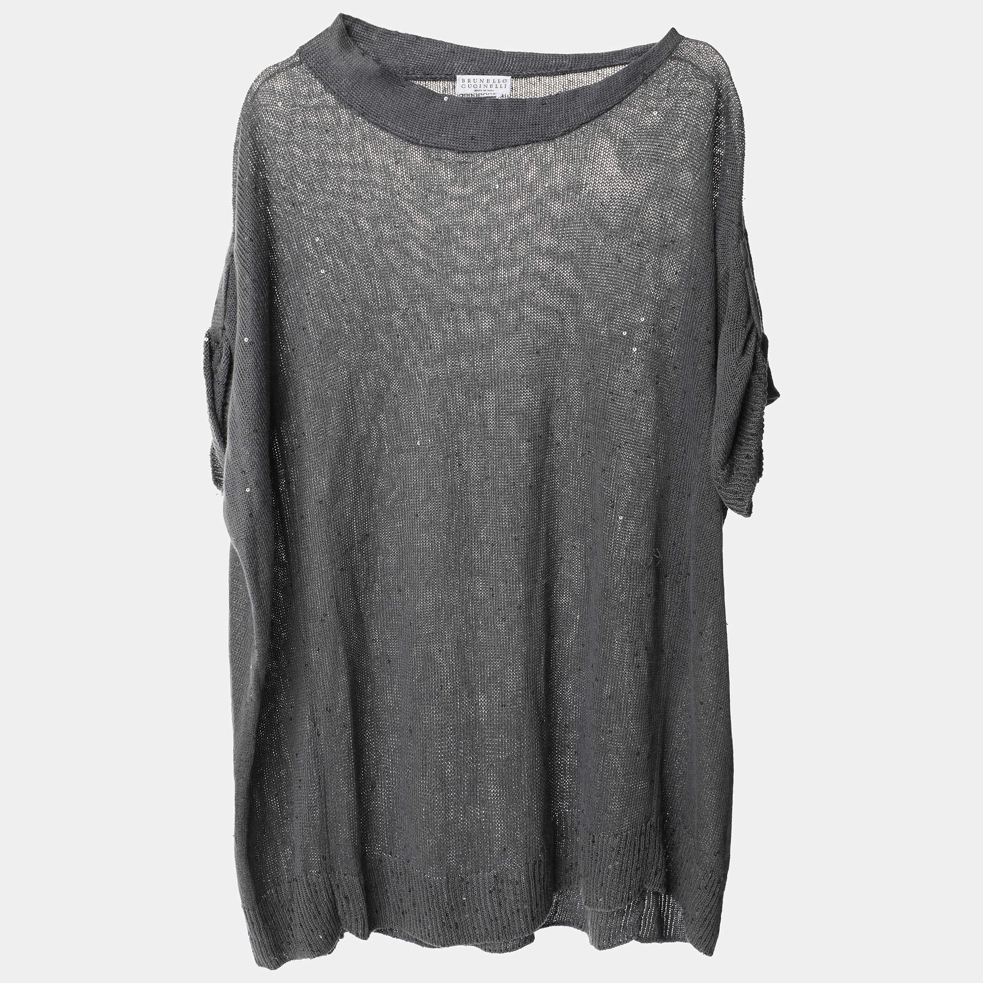 Brunello Cucinelli Grey Silk Knit Sequin Crew Neck Top M
